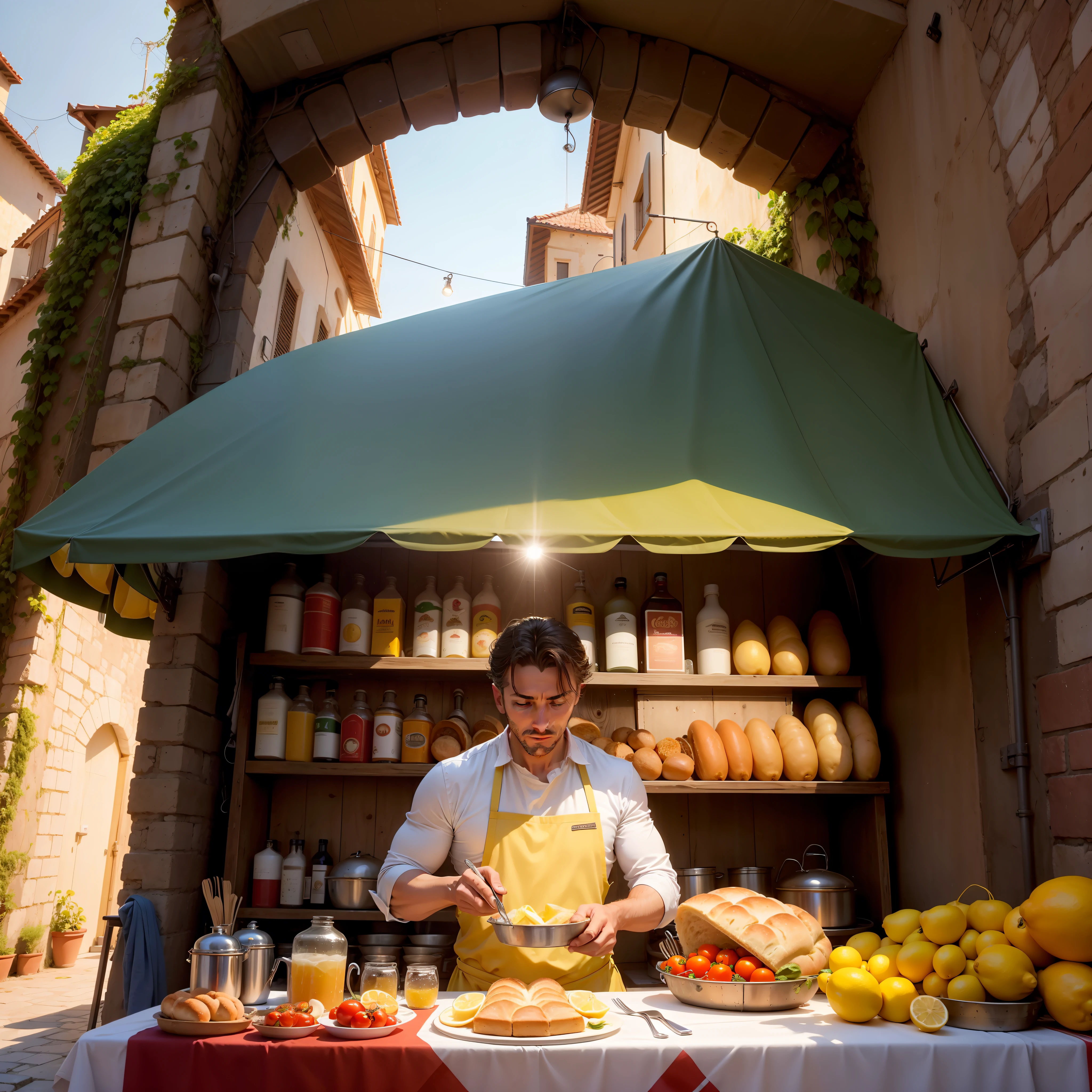 An Italian chef cooking under a tunnel in Italy with people watching him, there is a table with food(bread, tomatoes, onion, lemons, can of lemonade), day, good weather