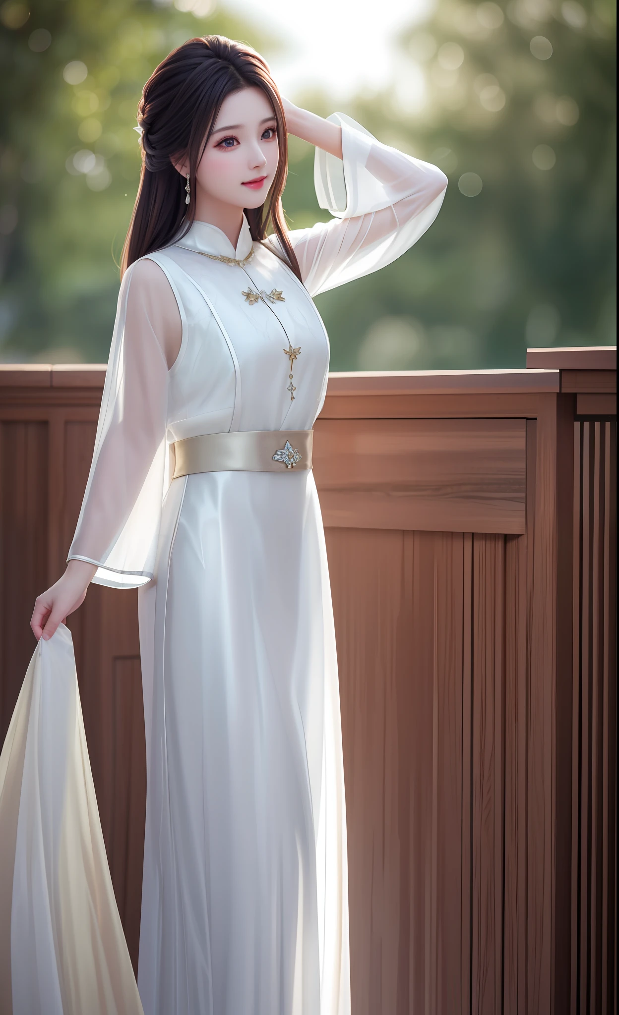 Best Quality, Masterpiece, High Resolution, 1 Girl, Blush, (Seductive Smile:0.8), Star Pupil, Beautiful Face, upon_body, Tyndall Effect, Realistic, Dark Studio, Edge Lighting, Two-tone Lighting, (High Detail Skin: 1.2), 8K Ultra HD, DSLR, Soft Lighting, High Quality, Volume Illumination, Frank, Photos, High Resolution, 4K, 8K, Bokeh, White Long Dress, Silk Texture, Lightweight, Translucent