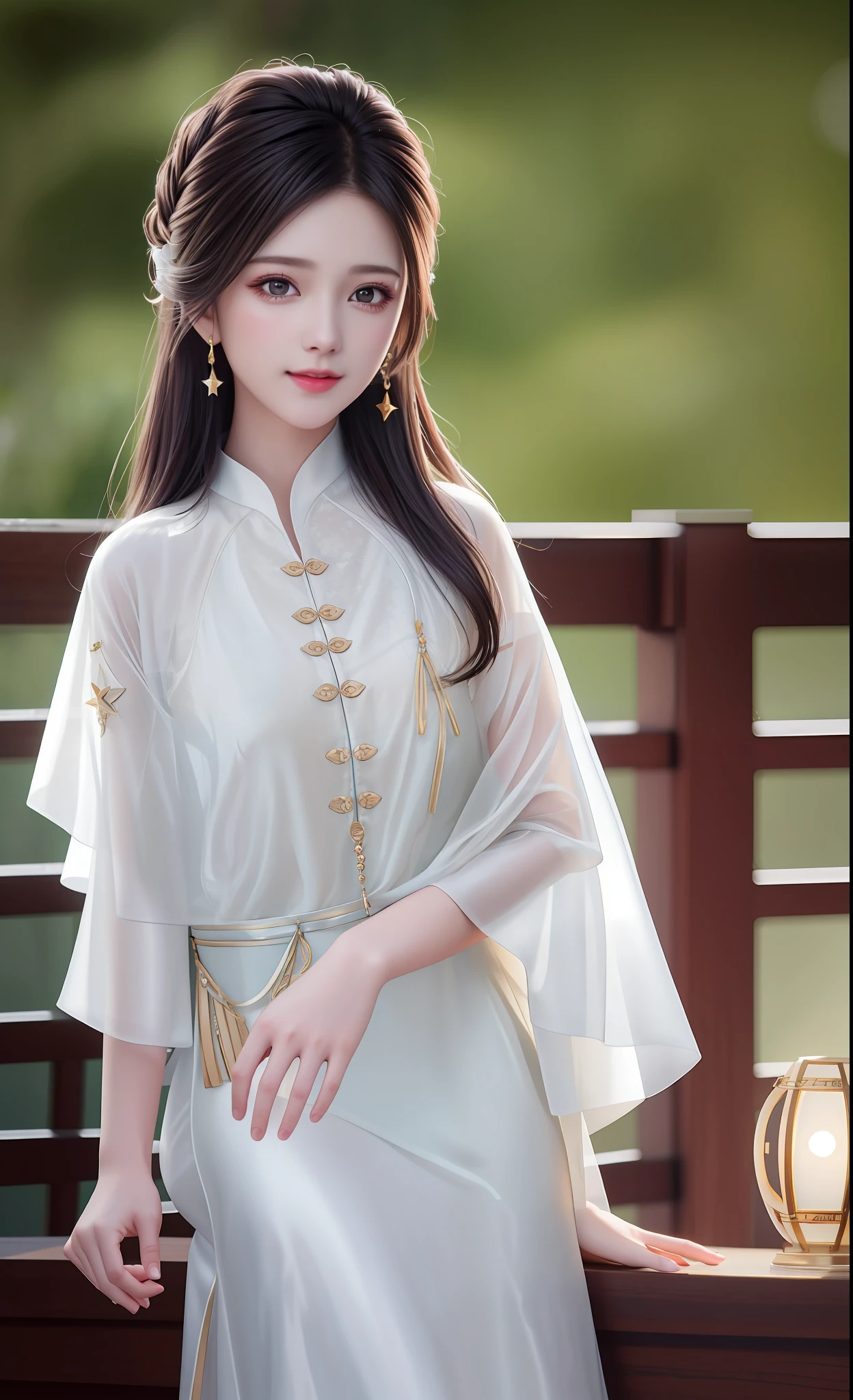 Best Quality, Masterpiece, High Resolution, 1 Girl, Blush, (Seductive Smile:0.8), Star Pupil, Beautiful Face, upon_body, Tyndall Effect, Realistic, Dark Studio, Edge Lighting, Two-tone Lighting, (High Detail Skin: 1.2), 8K Ultra HD, DSLR, Soft Lighting, High Quality, Volume Illumination, Frank, Photos, High Resolution, 4K, 8K, Bokeh, White Long Dress, Silk Texture, Lightweight, Translucent