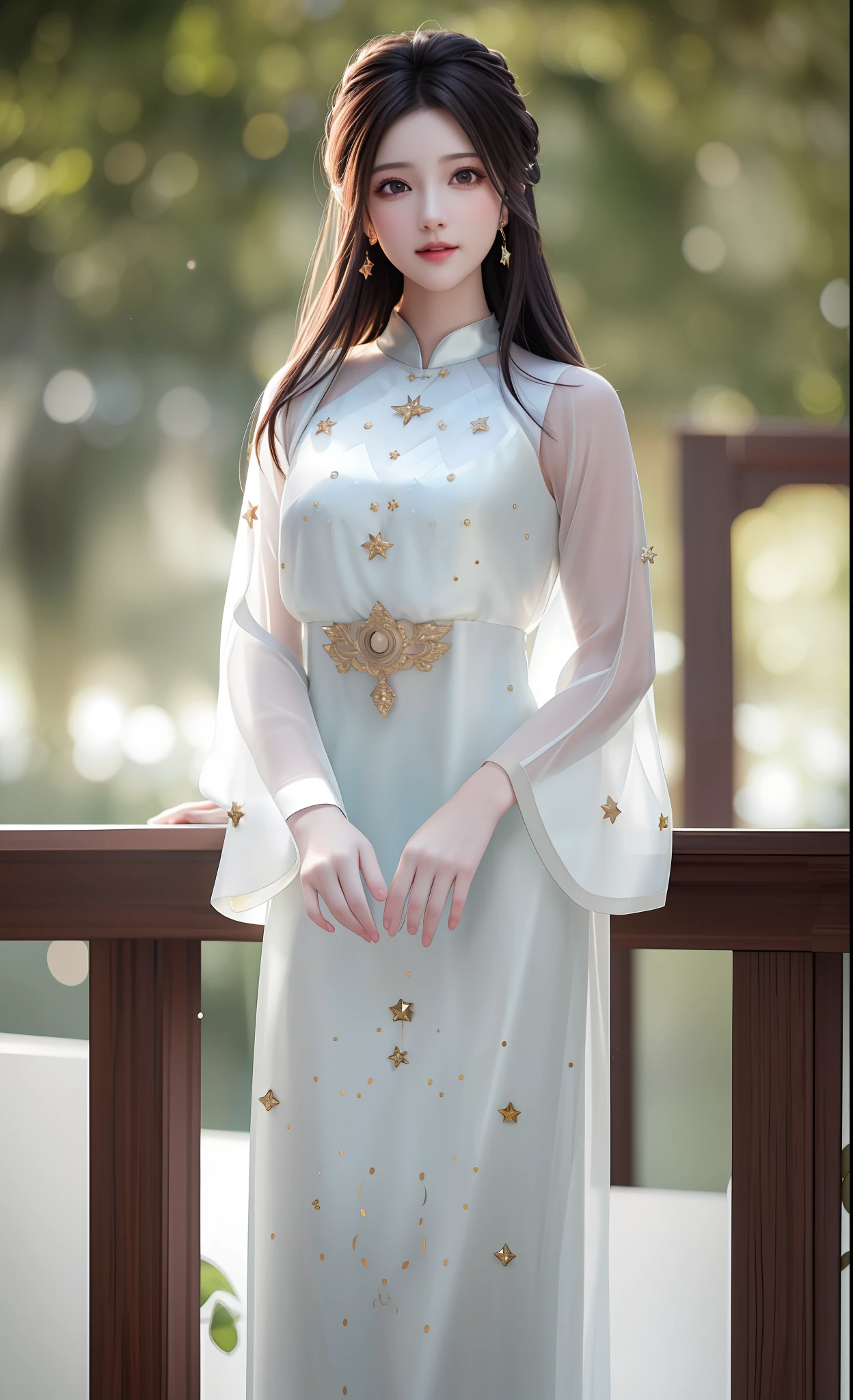 Best Quality, Masterpiece, High Resolution, 1 Girl, Blush, (Seductive Smile:0.8), Star Pupil, Beautiful Face, upon_body, Tyndall Effect, Realistic, Dark Studio, Edge Lighting, Two-tone Lighting, (High Detail Skin: 1.2), 8K Ultra HD, DSLR, Soft Lighting, High Quality, Volume Illumination, Frank, Photos, High Resolution, 4K, 8K, Bokeh, White Long Dress, Silk Texture, Lightweight, Translucent