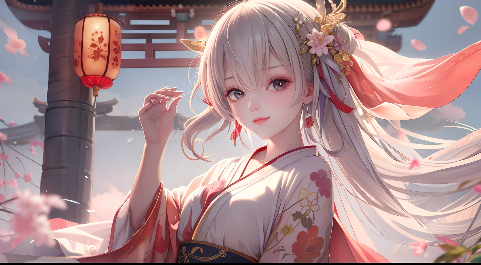 (masterpiece), best quality, good anatomy, shuimobysim, (1 girl: 1), (upper body), (smile), (short hair: 1.2), (hanfu), long coat, (ecchi0.5), (bridge: 1.2), (flowers: 0.6), moon, lantern in ancient China, delicate face, see-through, pink clothes, full body, close-up, back hand, Taoist robe, Thighs, raised high, cloudy, chinadre, overexposed, [wet suit: 1.2], mid-chest, solo, [doll], bare thighs, credibly_absurdres, strong angles, pleated skirt, chinoiserie architecture, single bun, white hair, red eyes, squinted eyes, indifferent attitude, eye shadow, eyeliner, no shoes, ribbon sleeves, earrings, necklace, headdress, mid-chest, sunlight, reflected light, ray tracing, loli, phoenix crown vermilion robe, blush
