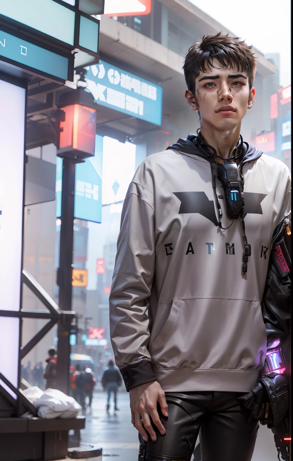 Change background cyberpunk handsome boy, realistic face, 8k