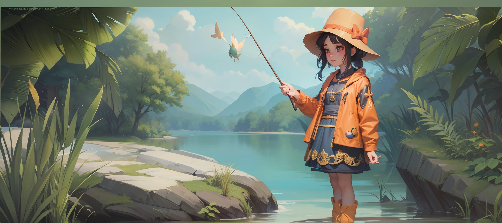 A very beautiful girl, Stand on a rock by the river, She's fishing,is very beautiful,Zbrush in the style of surrealist illustrations,Dolly Kiolde Timmy, Shiny/ Glossy, Cartoon characters,--AR 3:4 --Niji 5 --Expressive style -