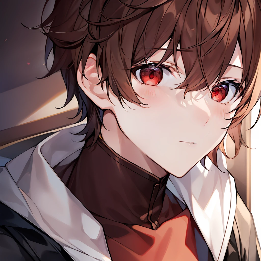 1 boy, light brown hair, red eyes