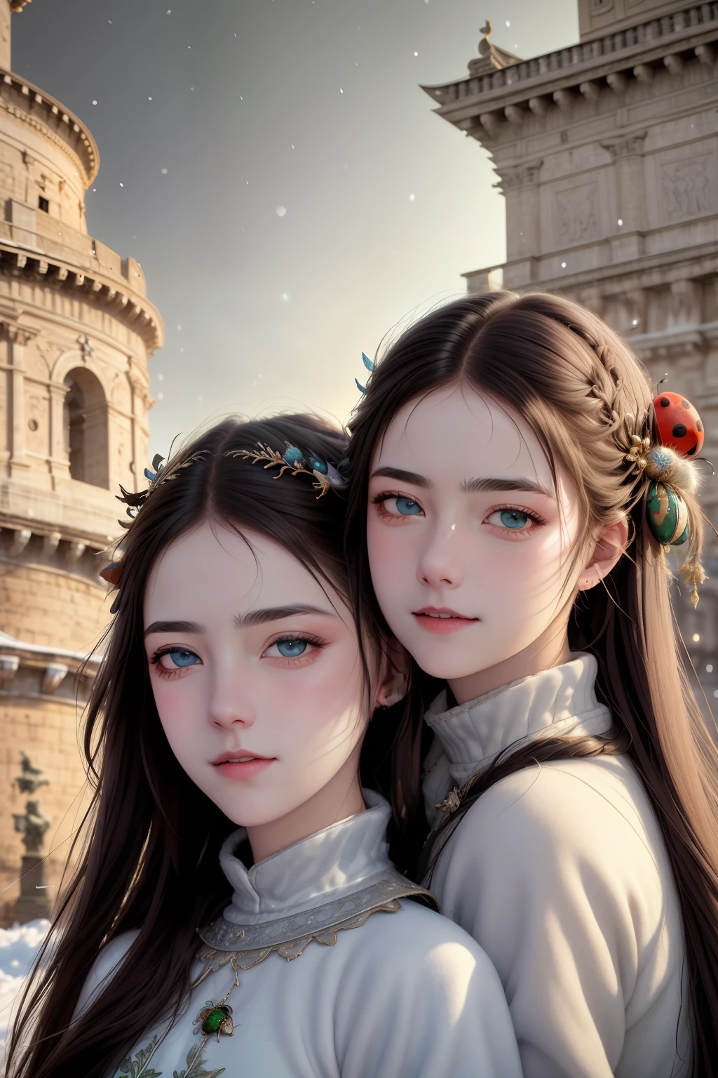 best quality, ultra high res, detailed face, realistic face,RAW photo,2girls,duo,navel,(on the Castel Sant'Angelo of Rome,crowd,winter,Snow),(cheerful, energetic, happy:1.4), green eyes, hair small clip with ladybug, 
(hdr:1.4), dramatic, complex background, cinematic, filmic, (rutkowski, artstation:0.8),
insane details, intricate details, hyperdetailed, low contrast, soft cinematic light, exposure blend, hdr ,