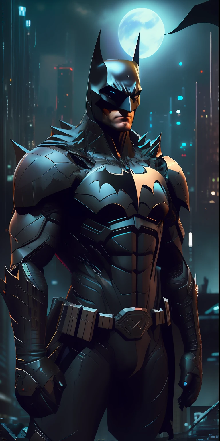 Batman in Dark Knight costume stands in the city at night., cyberpunk batman, Batman Portrait, Portrait of Batman, Batman, batman mecha, trending on Artstation 4k, Trends on Artstation HD, 8 k high detail concept art, 8k high quality detailed art, trending on artstation:3, trending on artstation.', It's trending on ArtStation.