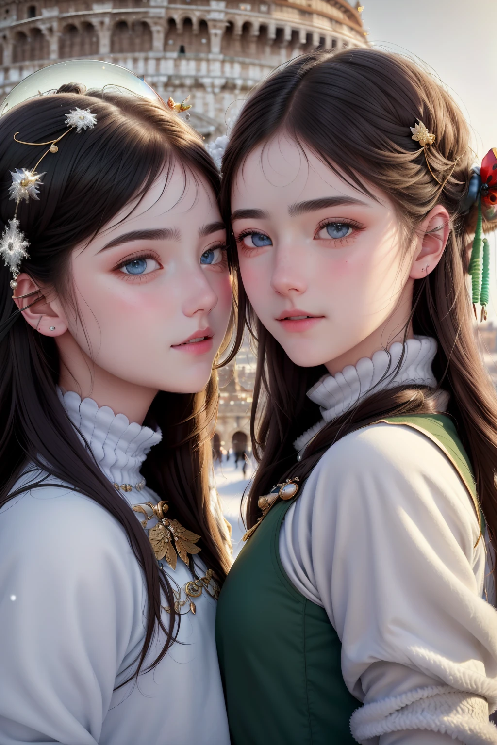 best quality, ultra high res, detailed face, realistic face,RAW photo,2girls,duo,navel,(on the Castel Sant'Angelo of Rome,crowd,winter,Snow),(cheerful, energetic, happy:1.4), green eyes, hair small clip with ladybug, 
(hdr:1.4), dramatic, complex background, cinematic, filmic, (rutkowski, artstation:0.8),
insane details, intricate details, hyperdetailed, low contrast, soft cinematic light, exposure blend, hdr ,