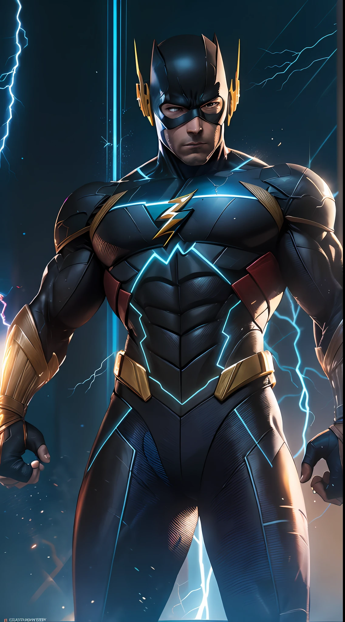 1 man, solo, upper body shot, The Flash (Injustice 2), best quality, high resolution, tall, muscular, hunk, white skin, black and cobalt blue neon suit, black mask with blue lightnings on the ears, big glowing blue eyes, blue lightning on the chest, standing powerfully pose, blue lightning trail, detailed face, detailed suit, ultra detailed, masterpiece, tunnle of light in the background, 4k, raw photo, volumetric lighting, low camera angle