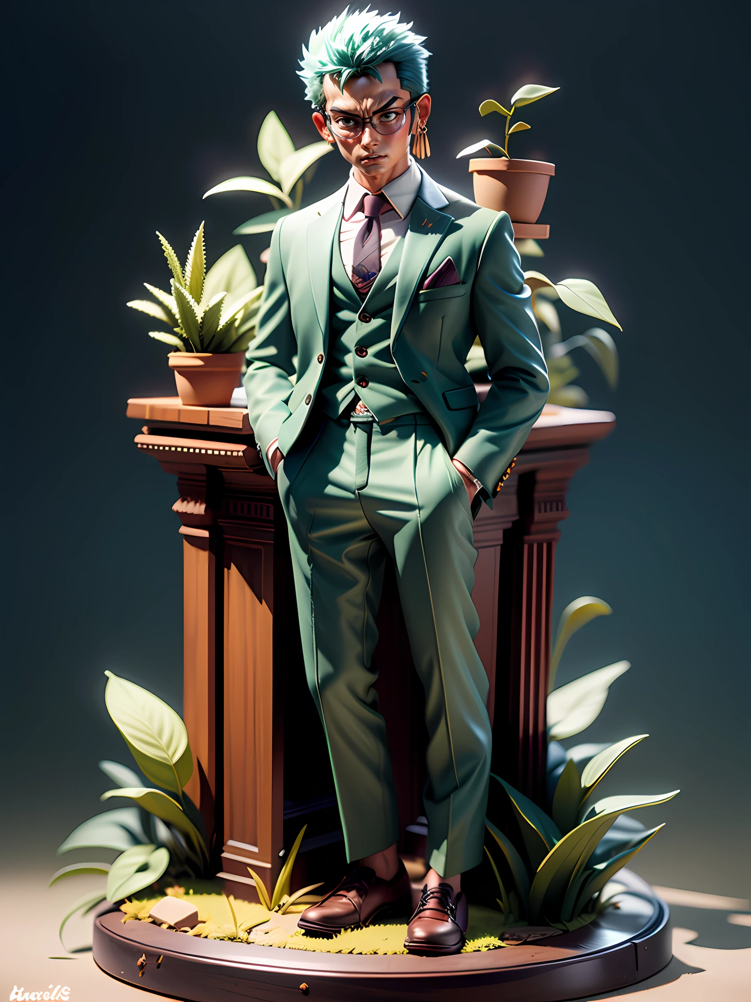 masterpiece, best quality, ultra-detailed, adult zoro, 1boy, solo, Full body, wearing suits, detailed face, day, full body, looking at viewer, male focus, perfect hands, chibi style, figure, action figure