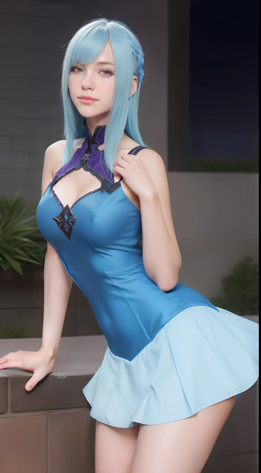 brynhildr lancer fgo,16-year old,pure,princess dress,shyly pose, pretty round face,tall,very skinny,slender,light blue hair, cross-cut bangs strongly leans to the right,detailed hair