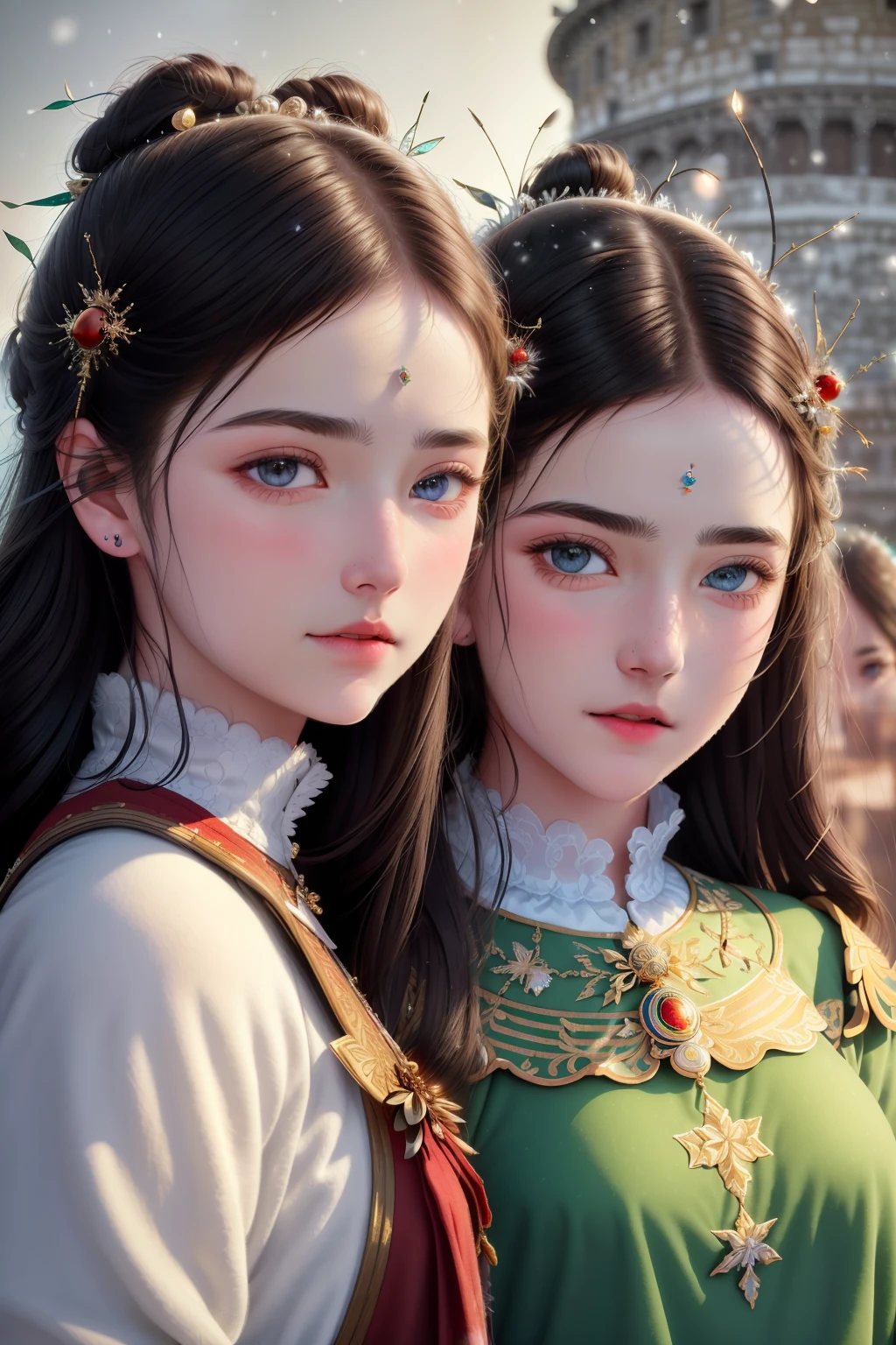 best quality, ultra high res, detailed face, realistic face,RAW photo,2girls,duo,navel,(on the Castel Sant'Angelo of Rome,crowd,winter,Snow),(cheerful, energetic, happy:1.4), green eyes, hair small clip with ladybug,
(hdr:1.4), dramatic, complex background, cinematic, filmic, (rutkowski, artstation:0.8),
insane details, intricate details, hyperdetailed, low contrast, soft cinematic light, exposure blend, hdr ,