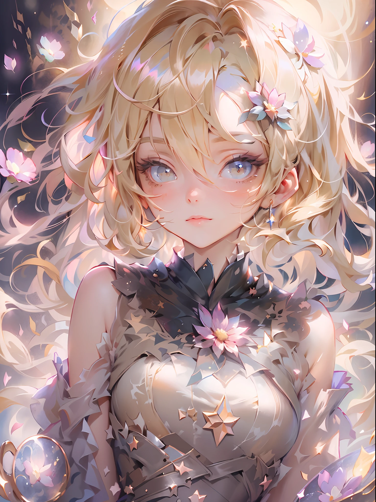 (best quality, masterpiece), 1girl, galaxy, glitter, dress, particle, wind, flower, upper body, dark simple background, looking at viewer, blonde,