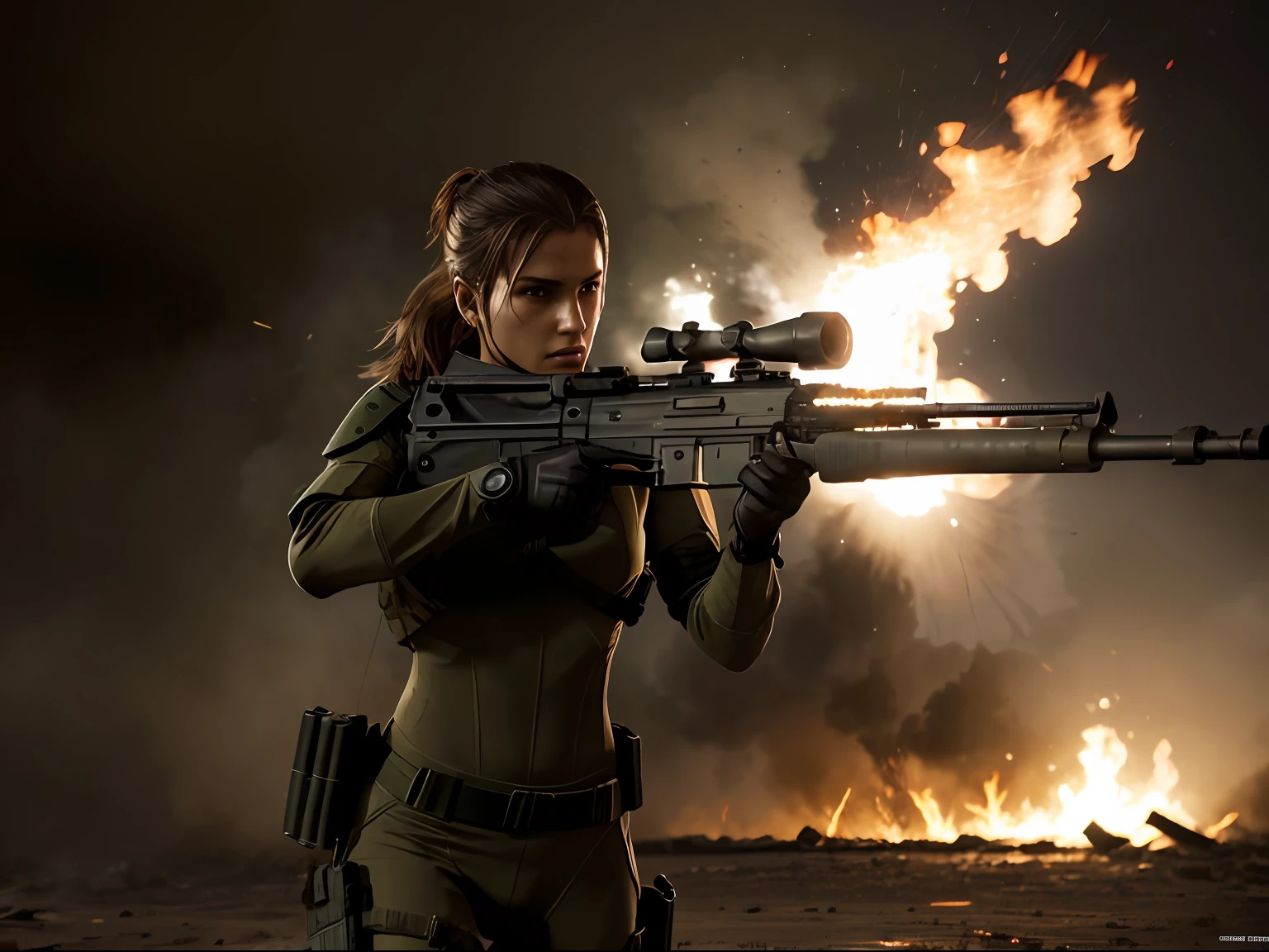 mujer , pelo negro, en bikini negro sosteniendo un rifle ,in firing position 1:4.(((cuerpo completo))), full body 1:4 , mechanized soldier girl, Military girl, hermosa soldado, personaje principal femenino, Infantry girl, de una chica francotiradora en la guerra, personaje femenino en solitario, equipo de combate futuro, disparo cuerpo entero , de primer plano, silencio de Metal Gear Solid V, with tactical equipment, dressed in tactical armor, Combat in a street at the morning, entorno de combate 1:4.,((( fuego))), (((humo))), explosiones,,escombros,,Destruction. Luz de dia