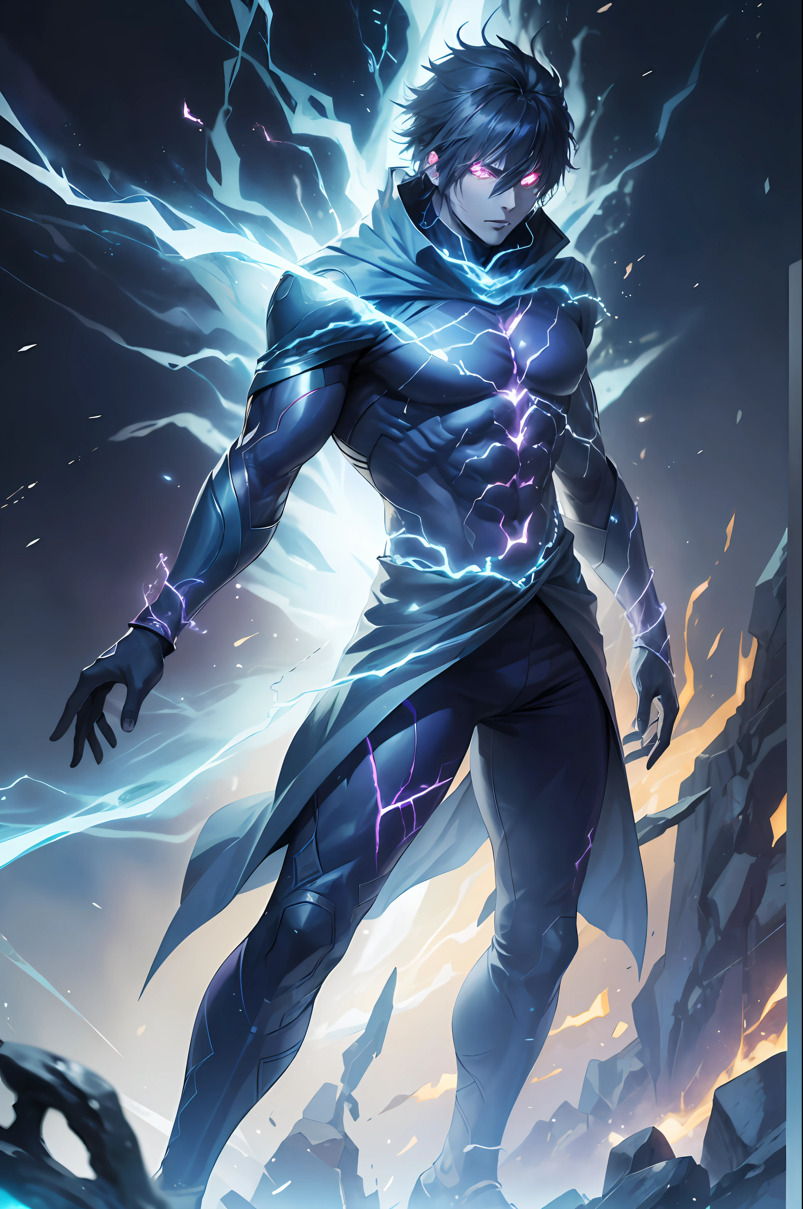 epic anime style, purple lightning, evil temperament, 20-year-old male shadow assassin, glowing black aura, shadow supervisor, handsome face, brilliant and majestic. Beautiful standard body and complete body structure. full body shot of a man with lightning in his hand, an epic anime about a purple energy man, in a battle stance with dark hair and glowing eyes looking at the viewer. Cool Gapmoe Yandere, menacing look, gintama's Hijikata Toushirou, inspired by Masanobu Okumura, the originator of the anime art style, Nobutaka Ike, the night war rages behind him. Highest image quality 8K, details everything 8K.