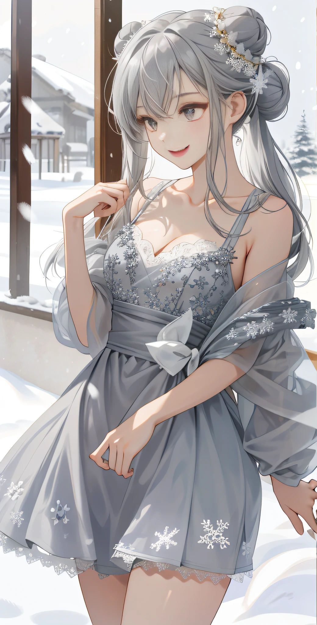 Long gray hair,one-girl,Lori huge breasts cleavage,14 year old girl,Beautiful dress,Exquisite jewelry,Delicate bun,delicate leg,detail in face,having fun,Oyuki,exteriors,snowflakes falling,There is a herd of reindeer in the distance,Small breast,little breast