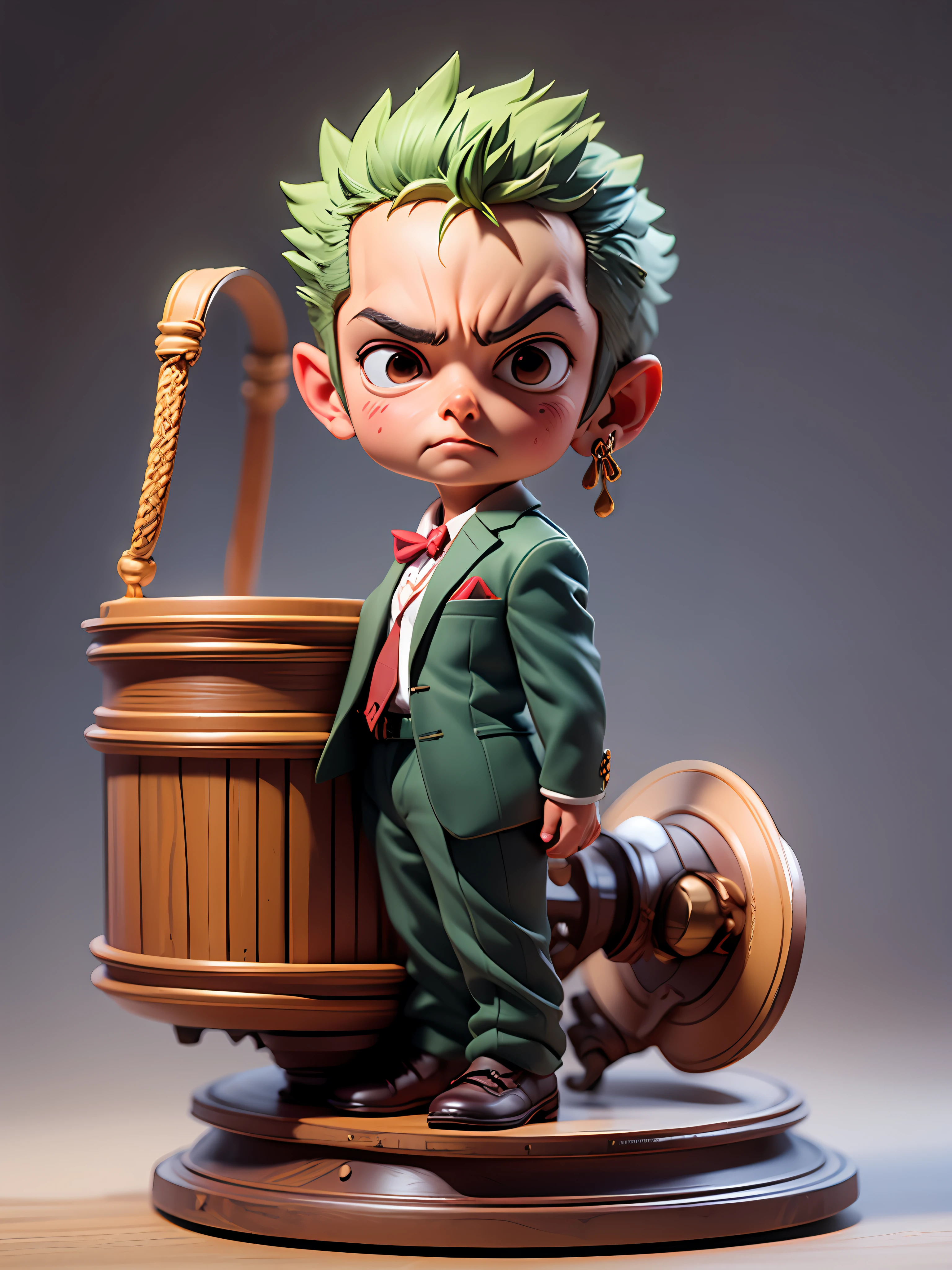 masterpiece, best quality, ultra-detailed, adult zoro, 1boy, solo, Full body, wearing suits, detailed face, day, full body, looking at viewer, male focus, perfect hands, chibi style, figure, action figure