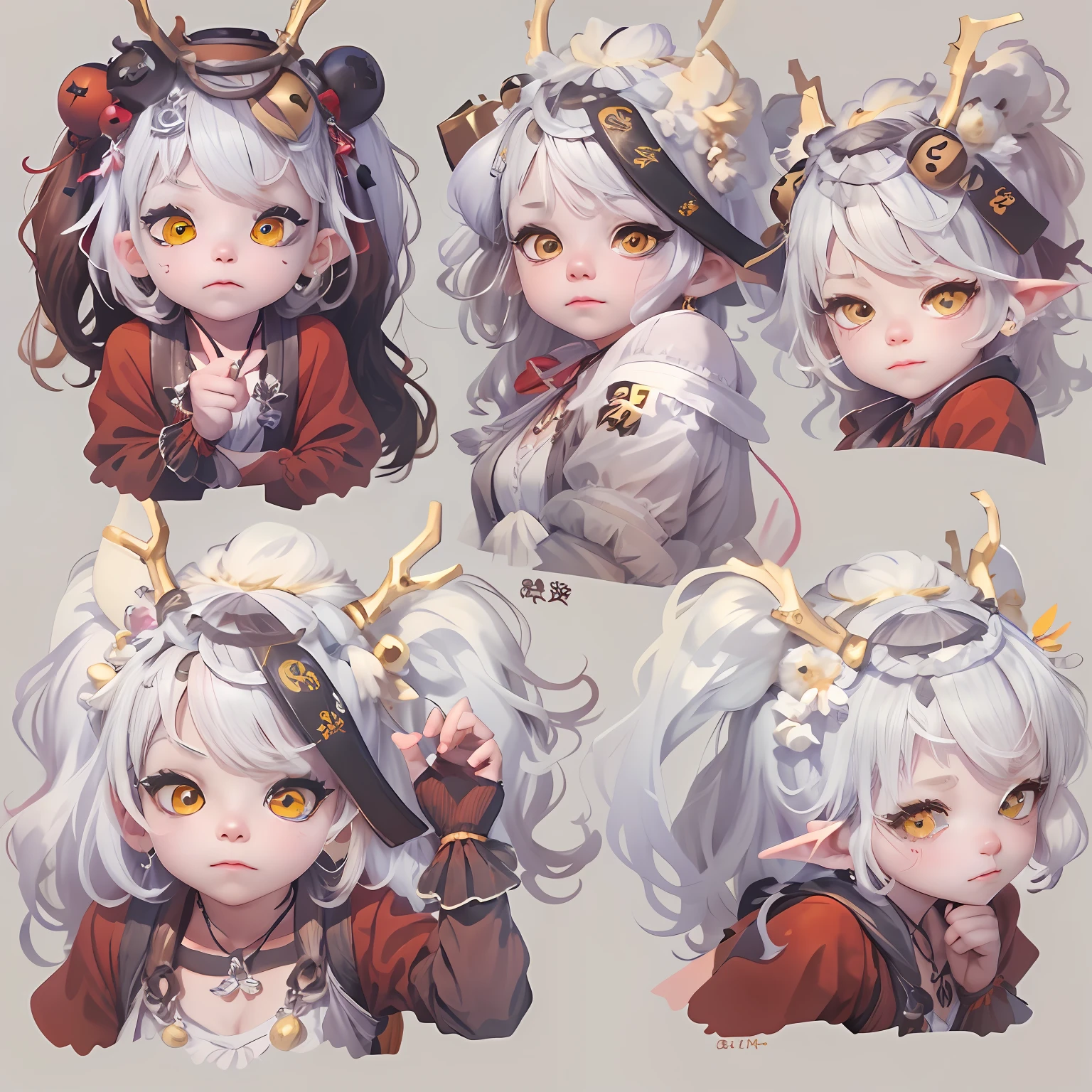 cute female child，Emoji pack，9 emojis，emoji sheet of，multiple postures and expressions，anthropomorphic styles，Disney  style，Black strokes，Different emotions，multiple postures and expressions，8k --niji 5 white hair，Golden eyes