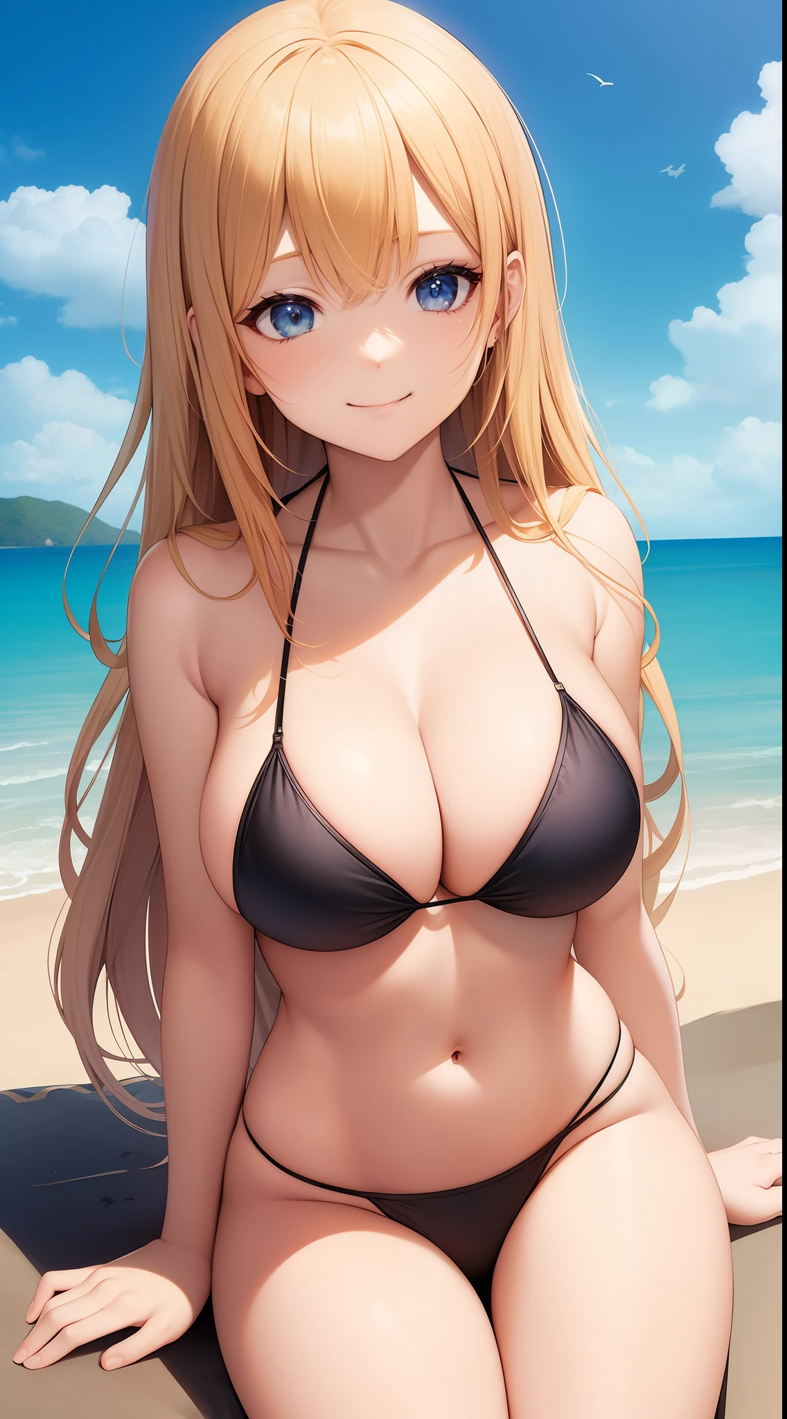 top-quality、Masterpiece、1girl in、Blonde Gal、Fancy Bikini、fleshy body、voluptuous breasts、Invincible smile、the beach、Cute anime illustration、