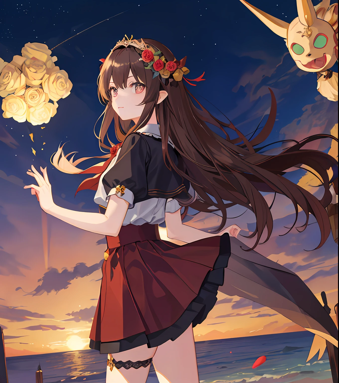 Masterpiece quality，The best quality assurance。A brown hair、Cute girl with golden eyes。Tsundere，Wearing a short Gothic skirt，Exudes magic，With a rose headdress，English-style top，Long hair flutters in the wind，Naughty，adolable，devil horns，the sea，nigth，Boyfriend perspective