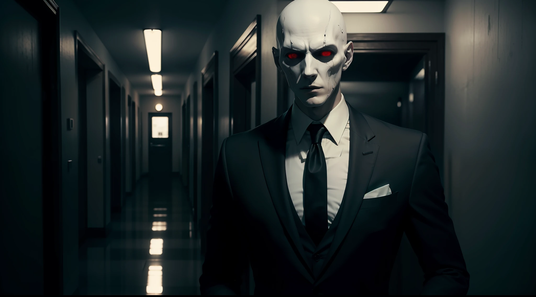 Man in slender, pale suit, with whitish eyes, sinistro, scary horror, dark, corredor de sala de aula, 8k, maximum detailed, high quality