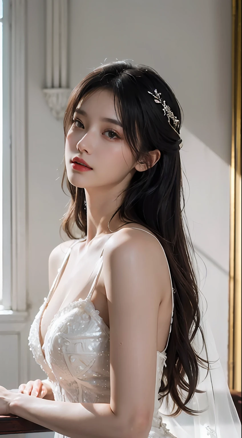 (Very detailed, reasonable design, Clear lines,Best quality, Masterpiece,Light and dark Canon photography is crystal clear (full bodyesbian,realisticlying,Detailed skin texture:1.2)Beautiful woman in white wedding dress,(yuri kiss,kiss),Beth,