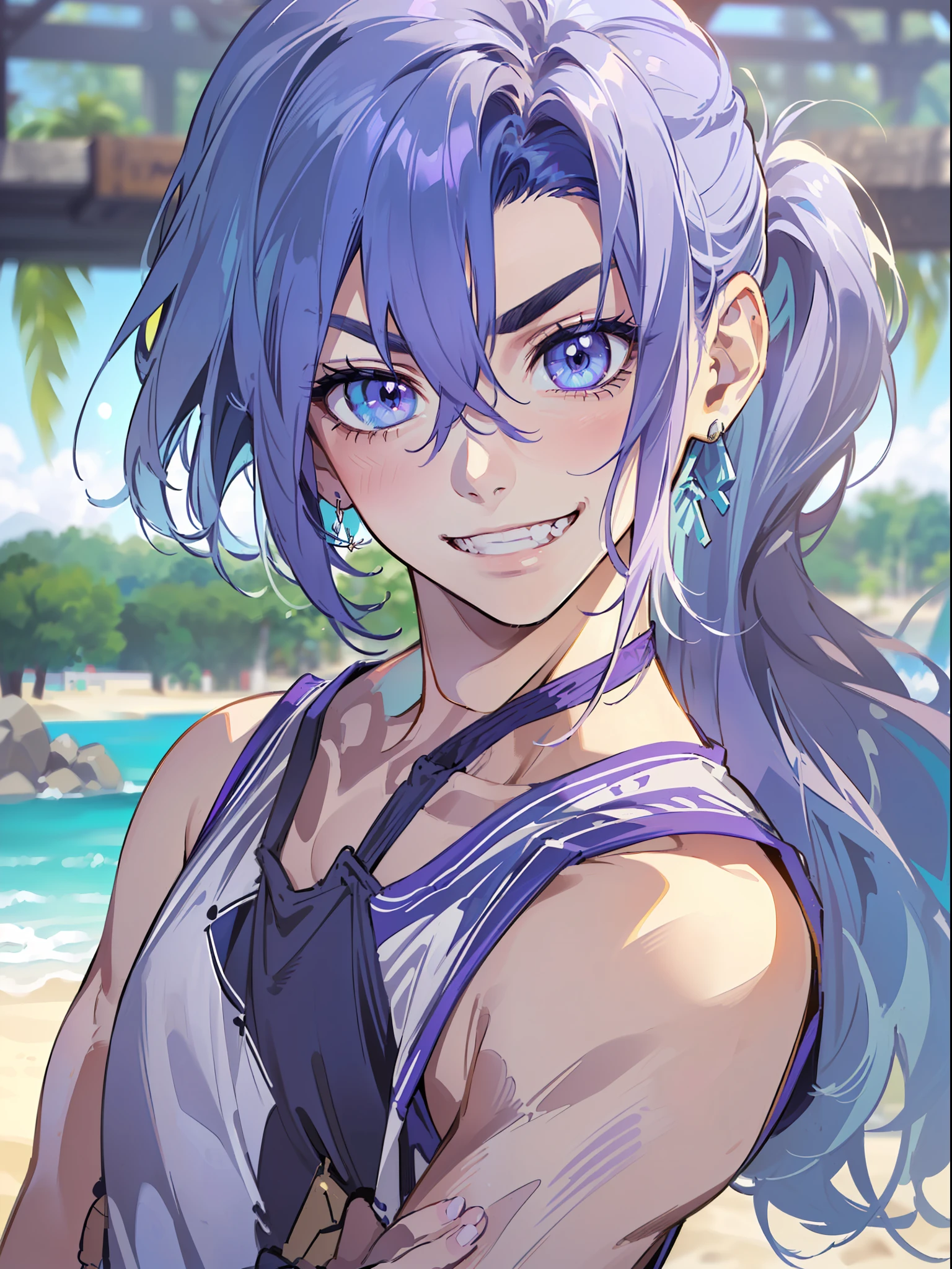 ((highest quality, masterpiece, 4k, finely detailed, detailed eyes, detailed face, intricate details, pixiv, gelbooru, warm colors, beach city background, blue sky, a few clouds, sunny)), (((solo, 1boy, male, mature, masculine, handsome, slight muscles, Kanan_Matsuura_(Love_Live_Sunshine))), (((high ponytail, dark blue hair, light purple eye color, gentle eyes))), (((male briefs, tight tanktop))), (((crossing arms, looking at viewer, cocky expression, very smug expression, grinning with teeth, eyebrows furrowed)))