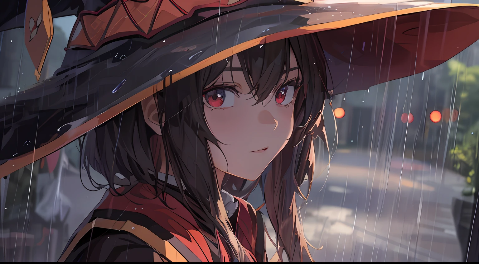 anime girl in a witch hat in the rain, anime style 4 k, 4k anime wallpaper, anime art wallpaper 4k, anime art wallpaper 4 k, anime wallpaper 4k, anime wallpaper 4 k, anime art wallpaper 8 k, megumin, ryuko matoi, badass anime 8 k, detailed digital anime art, 4 k manga wallpaper
