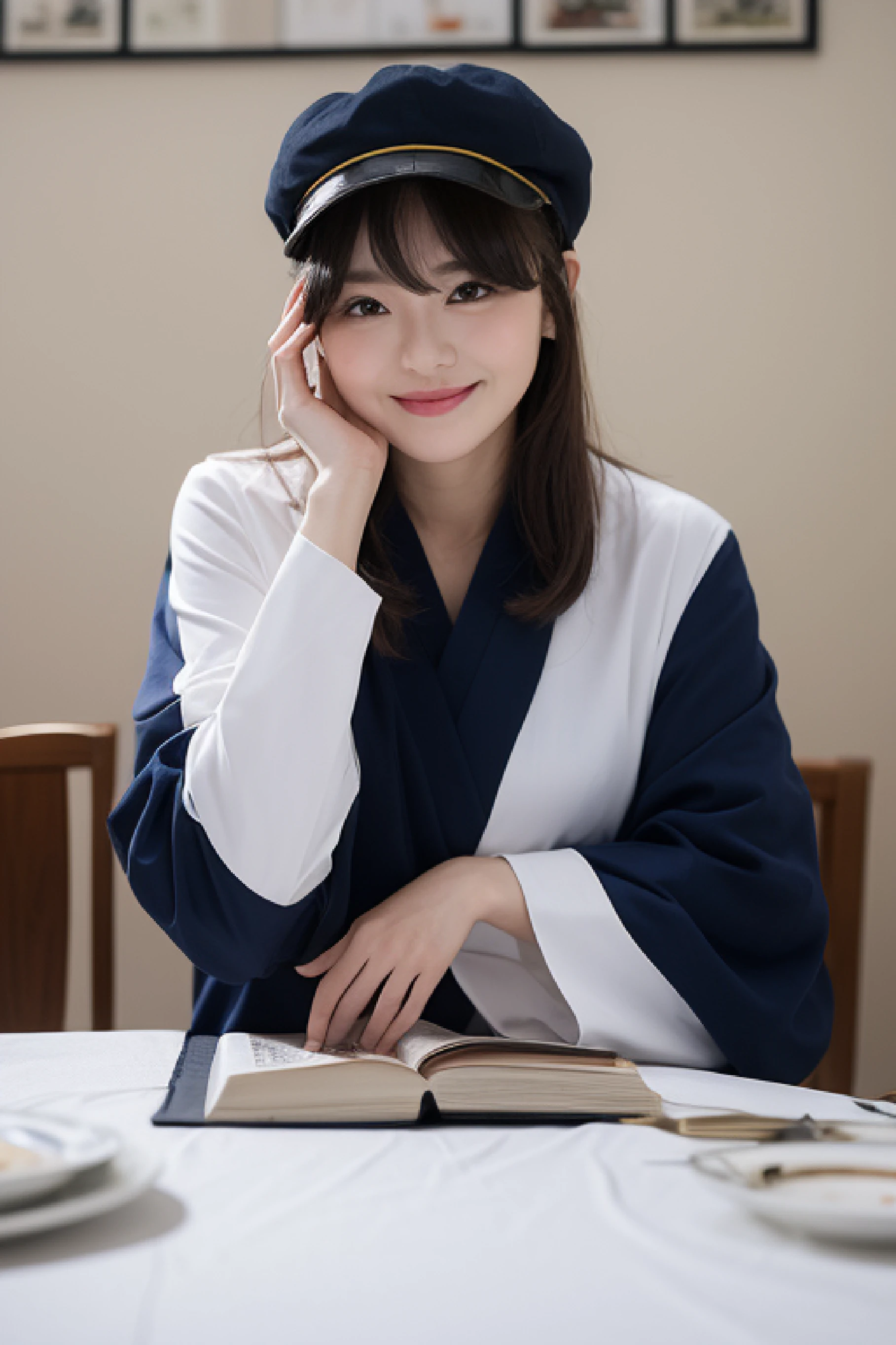 Anime character sitting around table in white tablecloth, For luxurious tablecloths, isekai manga panel, cutscene, robed figures sat around a table, Isekai, tablecloth, ufotable, Princess at the royal banquet, sitting on table, umineko, top-quality、masterpiece、超A high resolution、(Photorealsitic:1.4)、There is a manager woman wearing a baseball cap、wearing a dark blue polo shirt、poneyTail、baseball field, Korean female, K-pop idols、Two Women、Shoulder to shoulder、A smile、Open lips、an lingerie