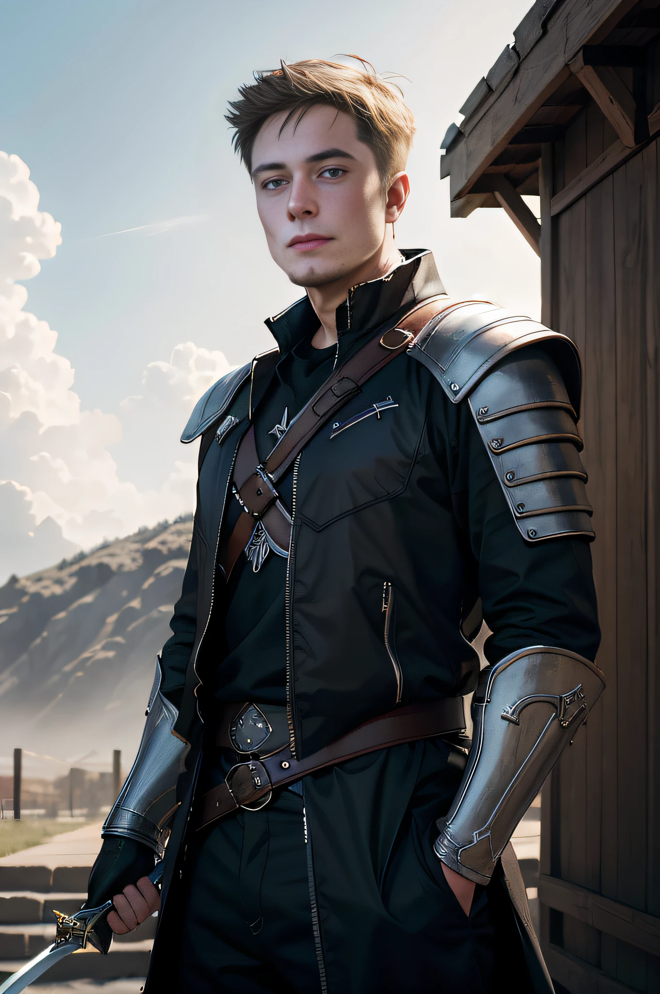 there is a man in a black outfit holding a sword, Elon  Musk（Elon Musk）Play the role of Skyrim, elon musk as a musketeer, arsen lupin as a paladin, with a light leather armor, covered in full leather armor, wearing leather assassin armor, wearing leather armor, wearing techwear and armor, attractive male with armor, A human male paladin