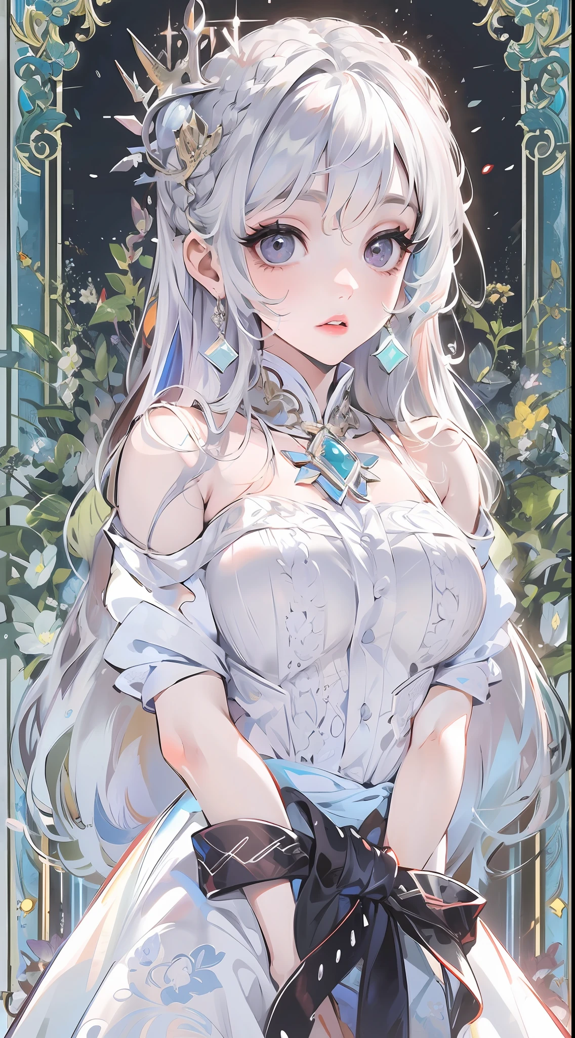 Best quality, highly detailed, masterpiece, ultra detailed, (reality: 1.2), 1 girl, (white background), simple background, delicate eyes, silver hair, purple eyes, hair_ornament, (white off-the-shoulder shirt: 1.3), long hair, pointy_ears, crown_braid, expressionless, straight hair, (++ sitting: 1.2), room,
