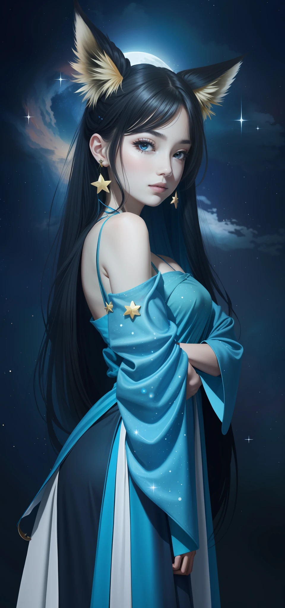 1girl,animal_ears,aurora,bare_shoulders,black_hair,brown_eyes,christmas_tree,constellation,crescent,crescent_moon,crown,detached_sleeves,earrings,earth_(planet),erune,fox_ears,fox_tail,galaxy,globe,jewelry,long_hair,milky_way,mole,moon,night,night_sky,off_shoulder,open_mouth,planet,saint_quartz_(fate),shooting_star,sky,solo,space,star_(sky),star_(symbol),star_earrings,star_hair_ornament,star_pasties,star_print,starfish,starry_background,starry_sky,starry_sky_print,tanabata,tanzaku,very_long_hair,wide_sleeves