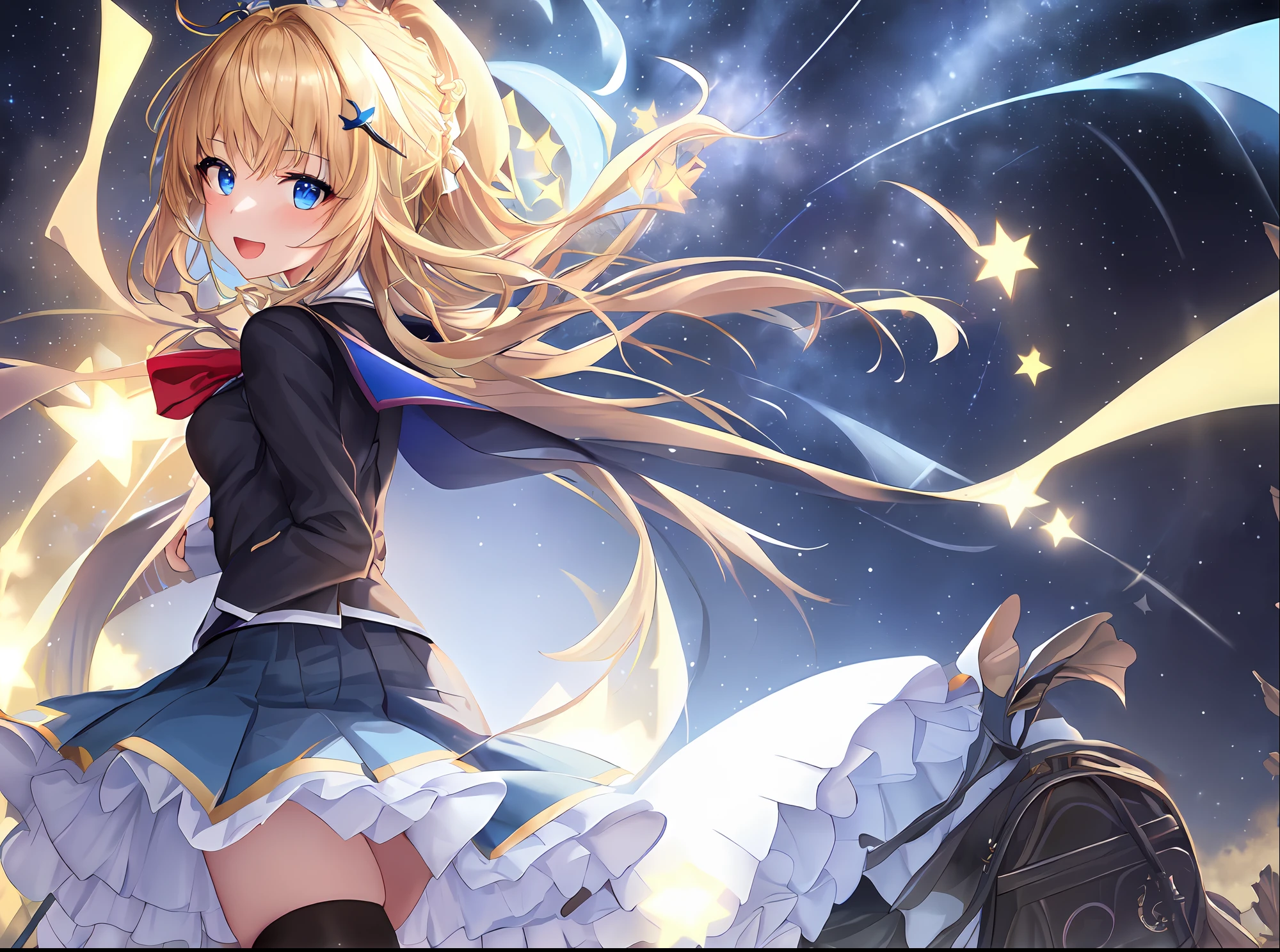 hyper detailed illustration ,superfine illustration, ((((​masterpiece)))), High quality, very_high_resolution, Large_filesize, fulcolor ,Very cute and beautiful girl,Very cute and beautiful anime face and eyes, Very delicate eyes,eye shadow,Female, 年轻,20 years old, Solo, ((1 girl), Open mouth ,Smile,cross arms behind back, Bright blue eyes, a blond, Small breasts, School Blazer Uniform,Pleated skirt,bow ribbon, See-through Black High Socks, ,Whole body, ((Starry sky)), star trails