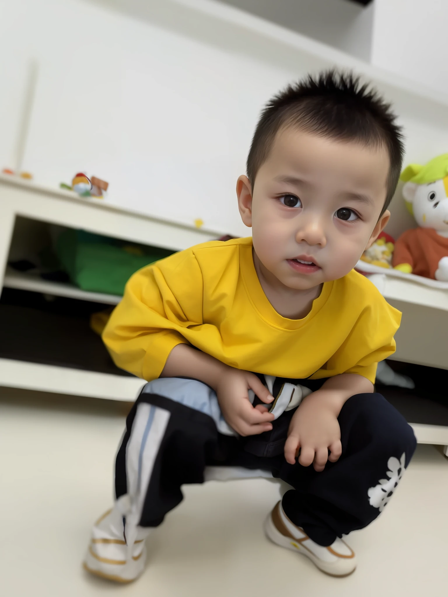 there is a young boy sitting on the floor with his hands on his knees, , ruan jia beautiful!, with yellow cloths, kid, cute boy, reyyan, jinyiwei, inspired by Qu Leilei, ruan cute vtuber, he is 3 5 years oldg boy, li zixin