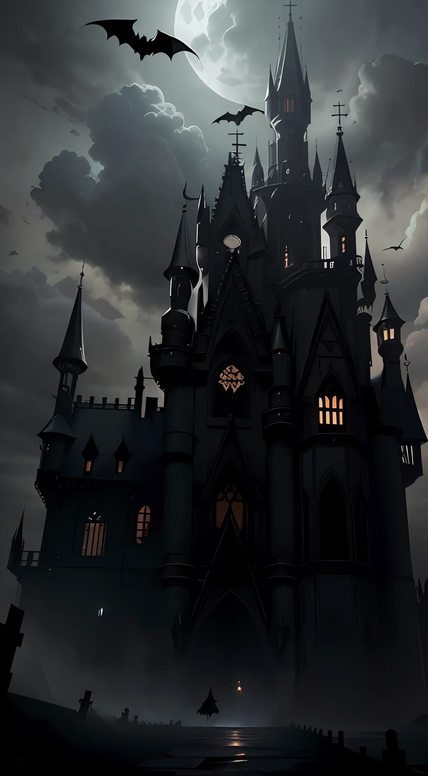 Magnificent dark castle，Gray stone path，Looming street lights，（The vista has the back of a walking girl in a black trench coat:1.2），(There are flying bats in the sky:1.2)，(Old European castle architectural style)，（Moonlight shines through the clouds），（The picture presents a mysterious and obscure gray tone），（tmasterpiece），（Best picture quality），（Very detailed and uniform picture），（8k wallpaper），（Tyndall effect），（light and shadow effect），（Obvious layering），（Unreal 5），The creation is inspired by movies《Vampire Dracula》