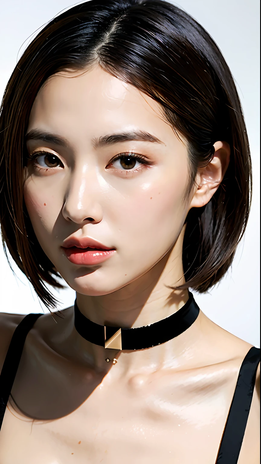 (best qualtiy,8k,32k,tmasterpiece,UHD:1.2),Beautiful Japanese woman in the photo,big cleavage breasts,Very short Bob hair,The upper part of the body,sface focus,choker necklace,simple backgound,from the above,looking at viewert,Apply a moisturizing mask to the face,Madk has a glossy and transparent feel
