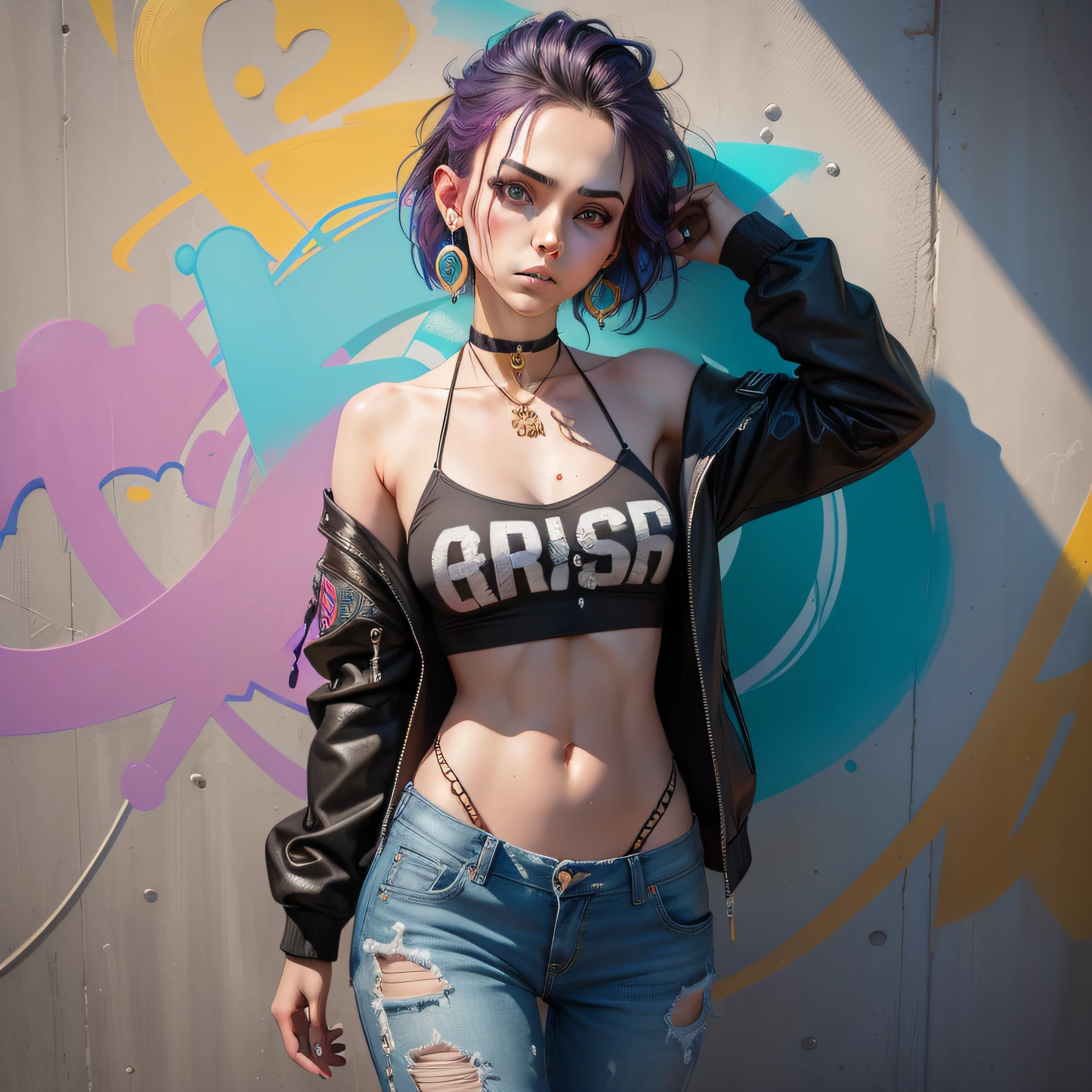 Beautiful photo of skinny, flat chest, small breast, girl, very short + straight hair, Multiple earrings, Skull earrings, choker, chain choker, wind, graffiti big letters, graffiti English letters, graffiti swirling around the character, graffiti on character, spray splash, shirt, pants, summerpunk lady. summer chill day, paint dripping by tim okamura, victor nizovtsev, greg rutkowski, noah bradley. trending on artstation, 8k, masterpiece, graffiti paint, fine detail, full of color, intricate detail, golden ratio illustration