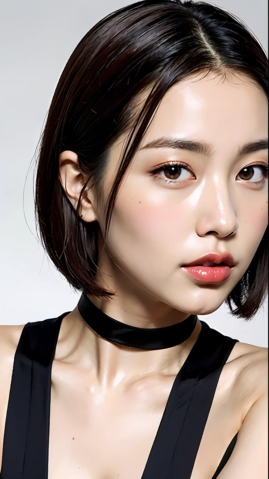 (best qualtiy,8k,32k,tmasterpiece,UHD:1.2),Beautiful Japanese woman in the photo,big cleavage breasts,Very short Bob hair,The upper part of the body,sface focus,choker necklace,simple backgound,from the above,looking at viewert,Apply a moisturizing mask to the face,Madk has a glossy and transparent feel