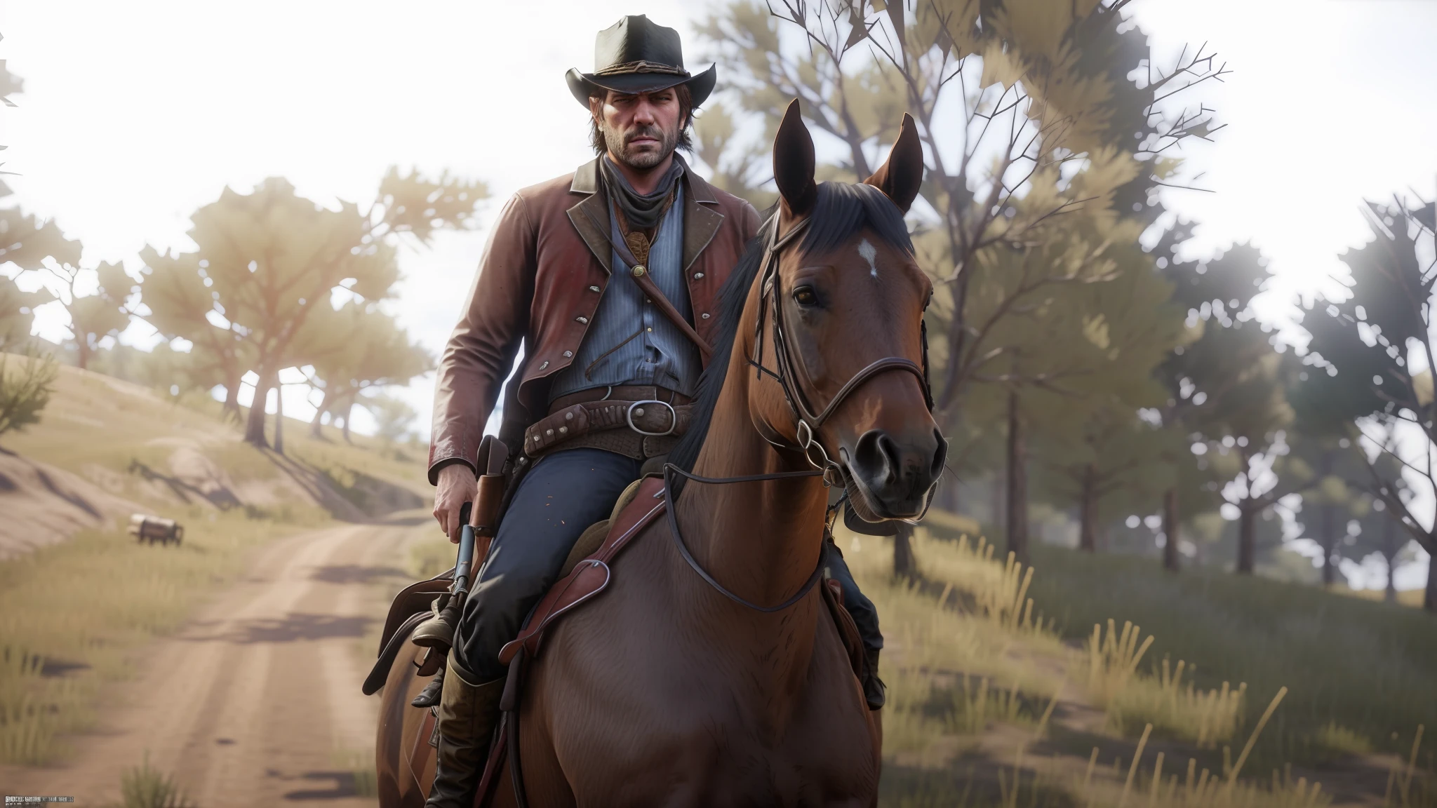 There's a man on a horse on a dirt road, Arthur Morgan, red dead redemption 2, red dead redemption2, Em Red Dead Redemption 2, RDR2, RDR 2 Mod |, Em Red Dead Redemntion 2, [ mortos vermelhos ], 8 k uhd detalhes do caractere, red dead redemption, high resolution details, Red Dead Redemption art style, detailed high resolution