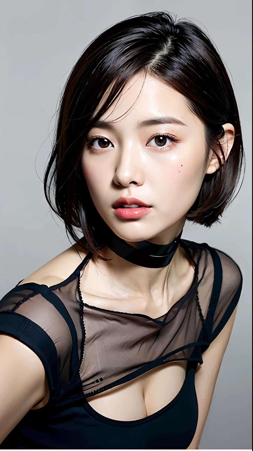 (best qualtiy,8k,32k,tmasterpiece,UHD:1.2),Beautiful Japanese woman in the photo,big cleavage breasts,Very short Bob hair,The upper part of the body,sface focus,choker necklace,simple backgound,from the above,looking at viewert,Apply a moisturizing mask to the face,Madk has a glossy and transparent feel