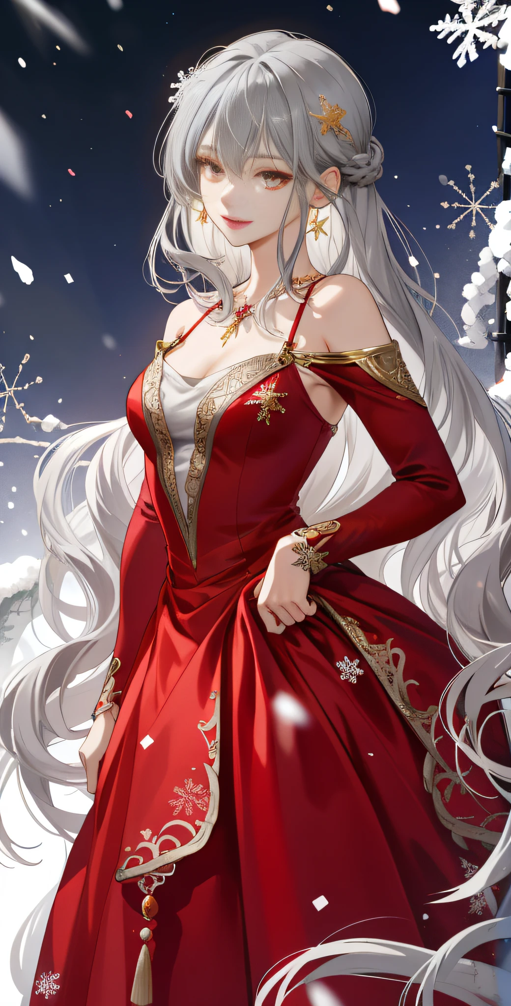 Long gray hair，one-girl，Lori huge breasts cleavage，14 year old girl，Beautiful dress，Red clothes，Exquisite jewelry，Exquisite Hair，delicate leg，detail in face，having fun，Oyuki，exteriors，snowflakes falling，gold eyes，（Small breast），（little breast）