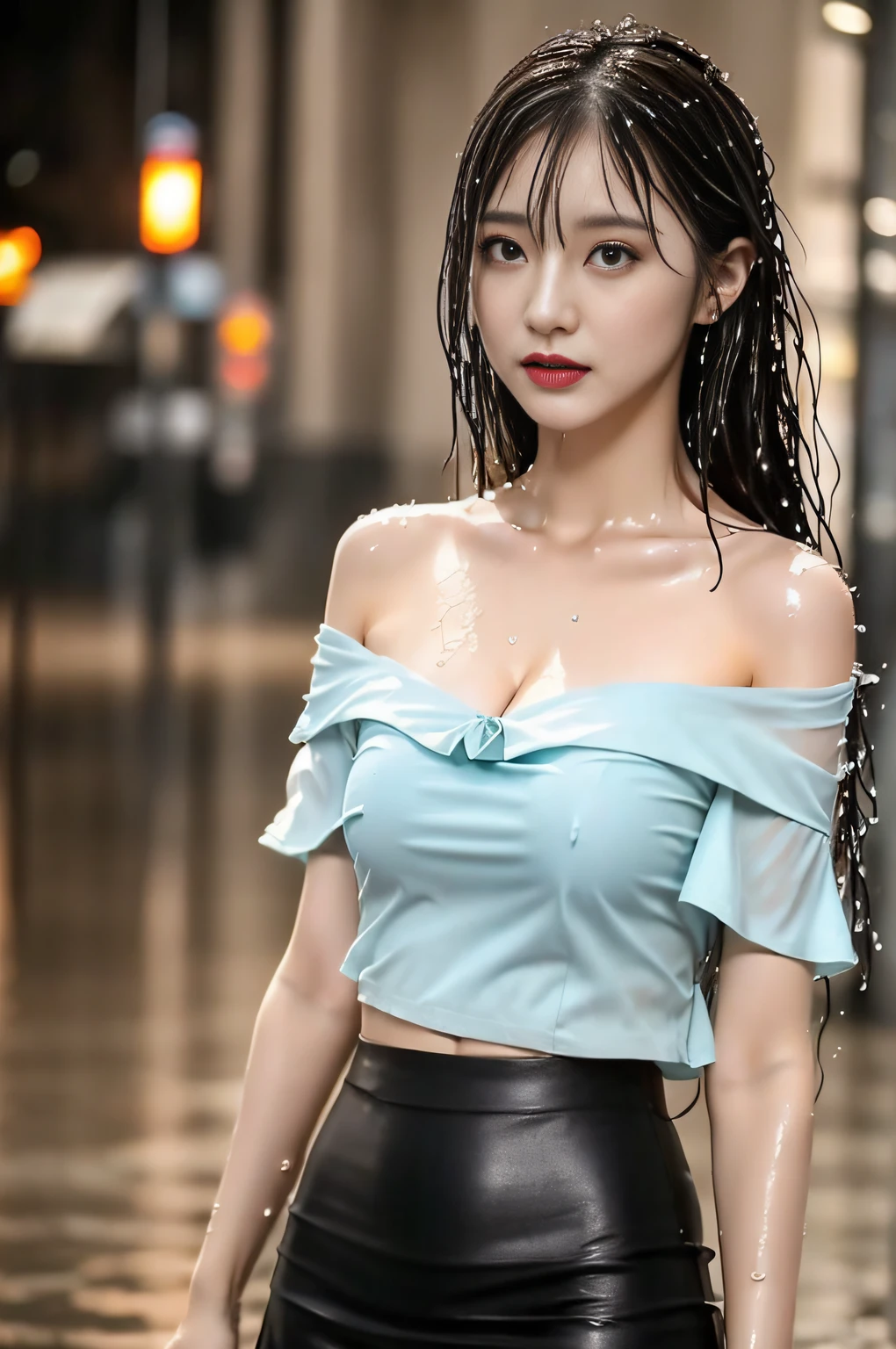 ((1 female: 1.5)), (anatomically correct proportions), (sexy proportions), ((sexy poses)), ((whole body: 2)), detailed face, detailed hair, Detailed skin, ((small face: 1.2)), thin waist, (large breasts), ((short torso)), ((1 screen)), 8K, RAW shot, highest quality, ((masterpiece)) , realistic photo, shot above the knee, (beautiful face like a Japanese actress), 18-year-old beauty, (((raining city street in the near future: 1.5))), (neon sign In a beautiful city: 1.5), ((beautiful woman standing in the rain)), ((body is soaking wet)), (((sheer off-shoulder blouse is (wet)))), ((wet (Sticking to the skin) off-shoulder blouse: 1.5)), ((body-fitting off-shoulder blouse)), ((no bra: 1.5)), (((nipple shadow: 1.5))), (( light-colored blouse)), ((tight skirt is (wet): 1.5)), (((wet hair: 1.8))), (((wet bangs: 1.8))), (sad expression)