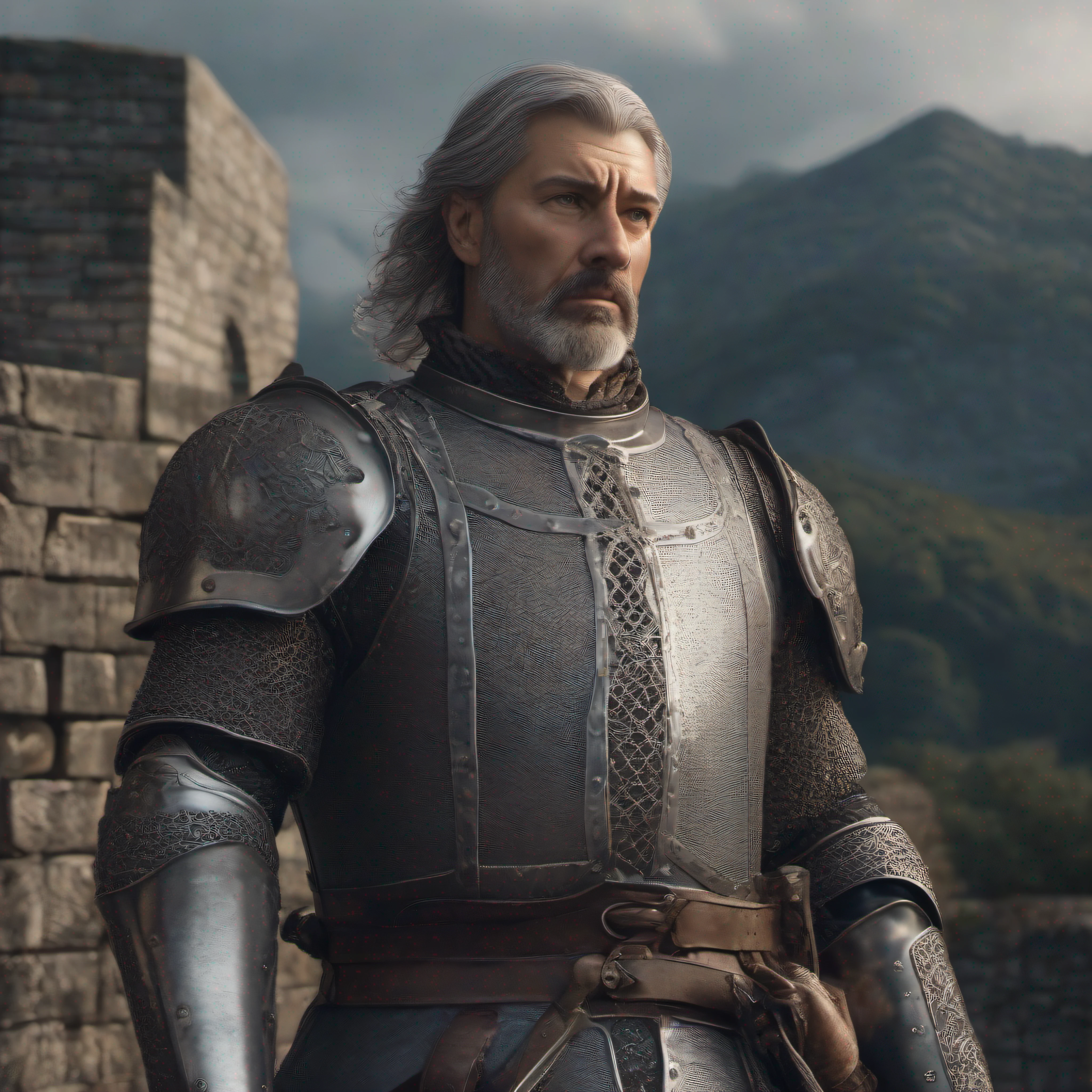 photorealistic, top quality, masterpiece, cinematic composition, slow motion, (medium shot of a medieval knight, sombre and weathered face, beard, grey hair:1.2), chain mail and plate armour, (realistic and detailed|intricate armour:1.1), (visible face:1.3), (photorealistic physiognomy|eyes|iris|skin|musculature, detailed skin, skin texture, natural skin), (holding a sword in his hand:1. 2), frontal perspective, imposing and determined pose, looking forward with determination, skin imperfections, natural skin wrinkles, natural skin spots, highly detailed clothes, abundant details, intricate details, realistic wrinkles in clothing, medieval fantasy landscape, cloudy sky, castle in the background in the distance, radiant lighting, deep shadows, dramatic scene, dark and cool colour palette, blue and grey tones, No other characters in the scene, abundant detail|intricate, detailed landscape, volumetric lighting, (detailed lighting), (detailed light reflections on armour:1. 1), 8k, highly detailed, UHD, HDR, photorealistic facial expression|hairstyle