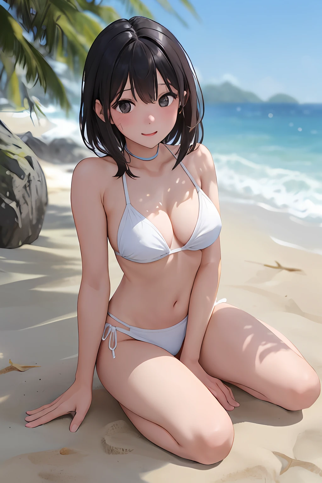 1人、a matural female、a picture、realisticlying、top-quality、adopt、A detailed face、the beach、Southland、full body Esbian、White Bikini、细致背景、diffuse sunlight、depth of fields、Bokeh、A dark-haired