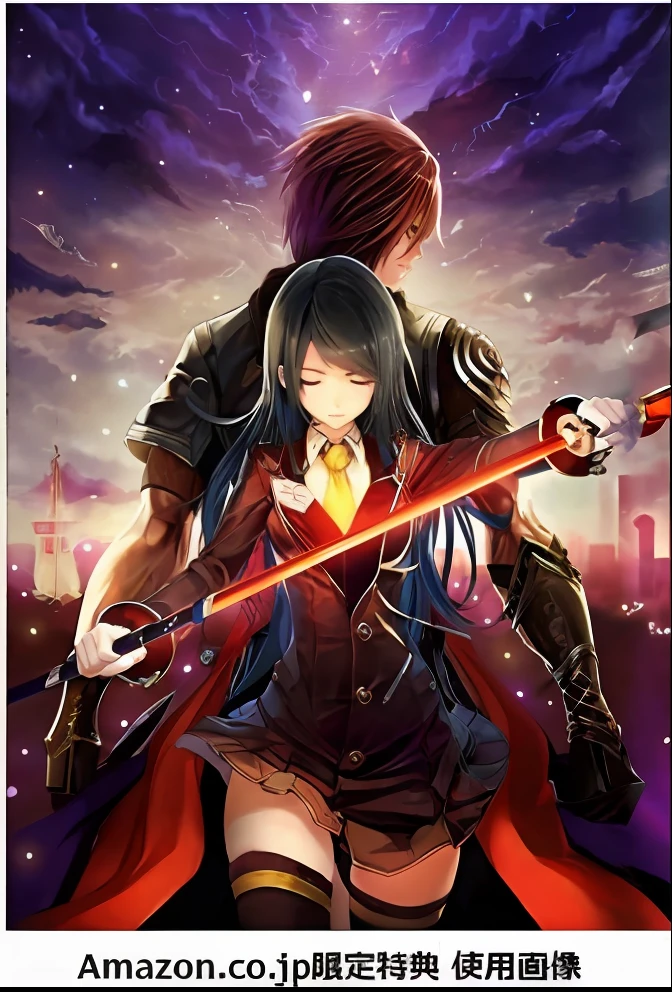 Photo taken from the Amazon page of the anime movie, epic light novel cover art, Light Novel Cover Art, epic light novel art cover, visual novel cg, nightcore, in no game no life, style of red line anime movie, Holding a flaming sword, visual novel, unlimited blade works, ; visual novel, holding a sword on her shoulder