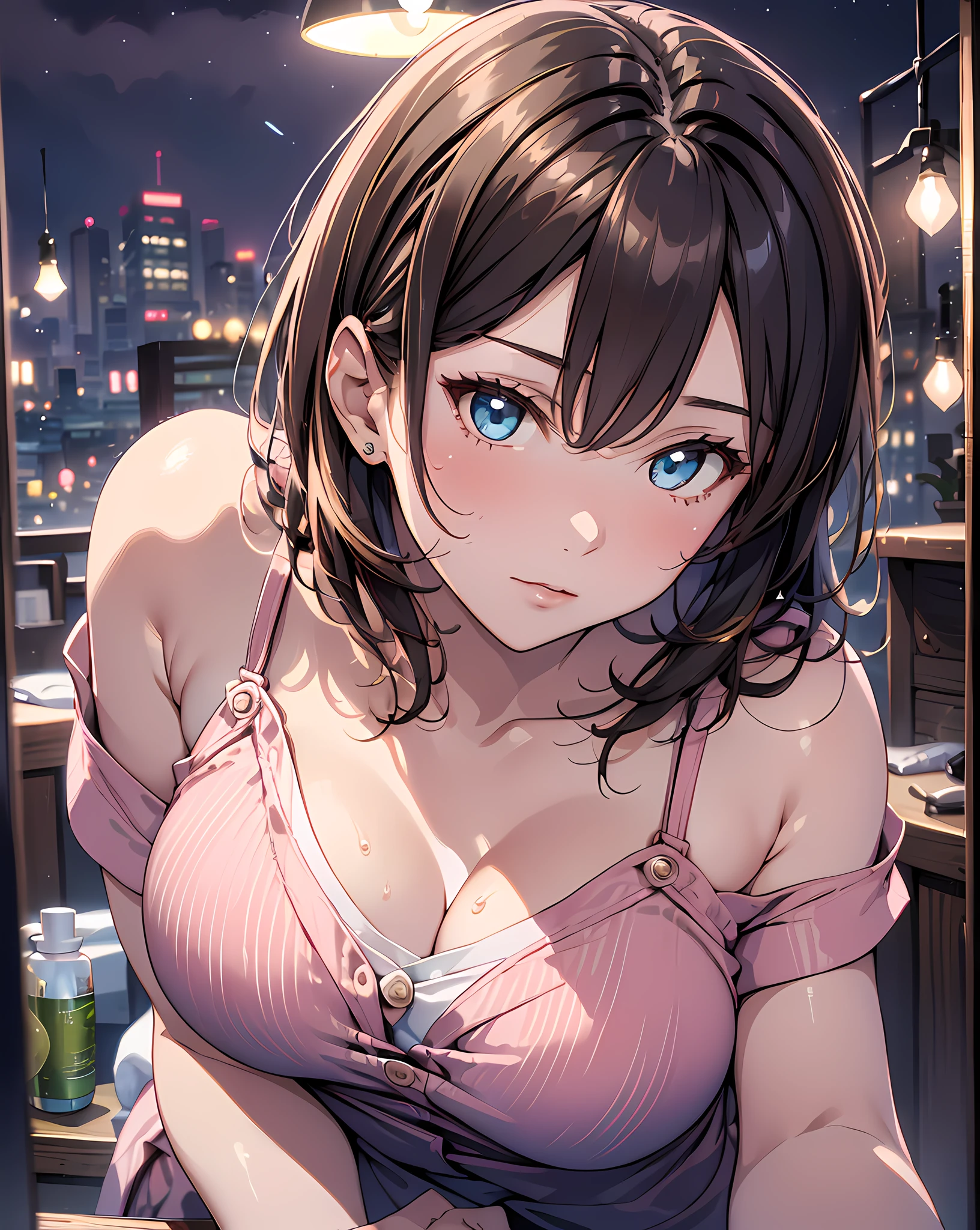 (masterpiece, best quality:1.37), highres, ultra-detailed, ultra-sharp, BREAK, (From Below:1.2), 1girl, (((girl on top,:1.3))) (leaning forward:1.3),
BREAK
(((1girl:1.37, solo))), (beautiful anime face, cute face, detailed face), (blonde hair, thin hair, short hair, bangs, hime-cut), detailed beautiful cyan eyes,
BREAK
short sleeve, (pink shirt dress), (esthetician uniforms:1.3), (cleavage cutout), (open shirt), (oil skin), (shiny skin),
BREAK
(Private esthetic room, in beauty salon, on bed:1.1),
(Many bottles of aroma oil:1.0),
(many brown towels:1.2),
BREAK
dark room, indirect lighting, (night:1.3),