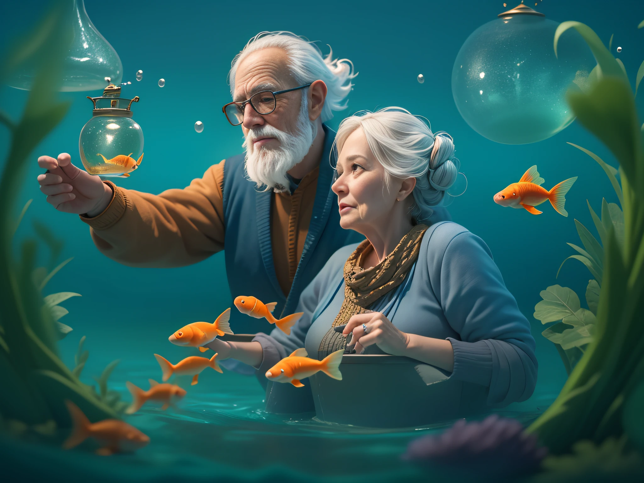 A fairy tale, an old man and an old woman catching a goldfish in the blue sea with a trough, full frame, full-color image, super texture details, three-dimensional cinematic lighting, cinematic 3D rendering, beautiful natural environment, elegant, (((shiny photorealism))), highly detailed, photorealistic, octane render, in the style of Artgerm, Tom Bagshaw