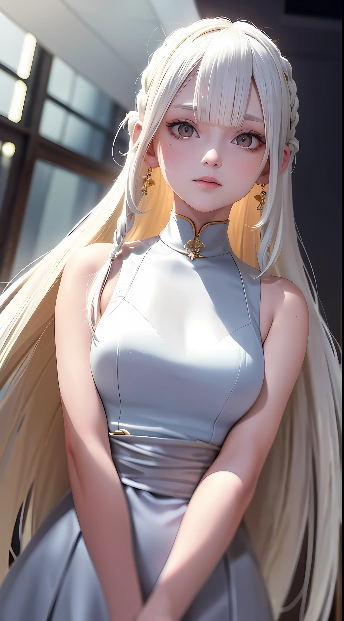 best quality, masterpiece,white hair, gold eyes,white clothes, looking up, upper body,hair strand,Fair skin,side braids