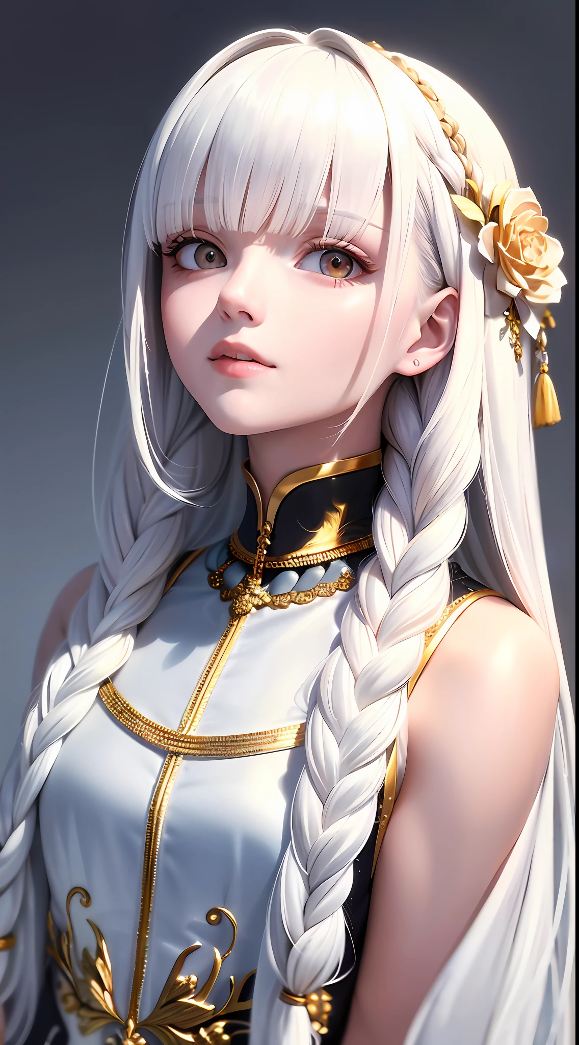 best quality, masterpiece,white hair, gold eyes,white clothes, looking up, upper body,hair strand,Fair skin,side braids