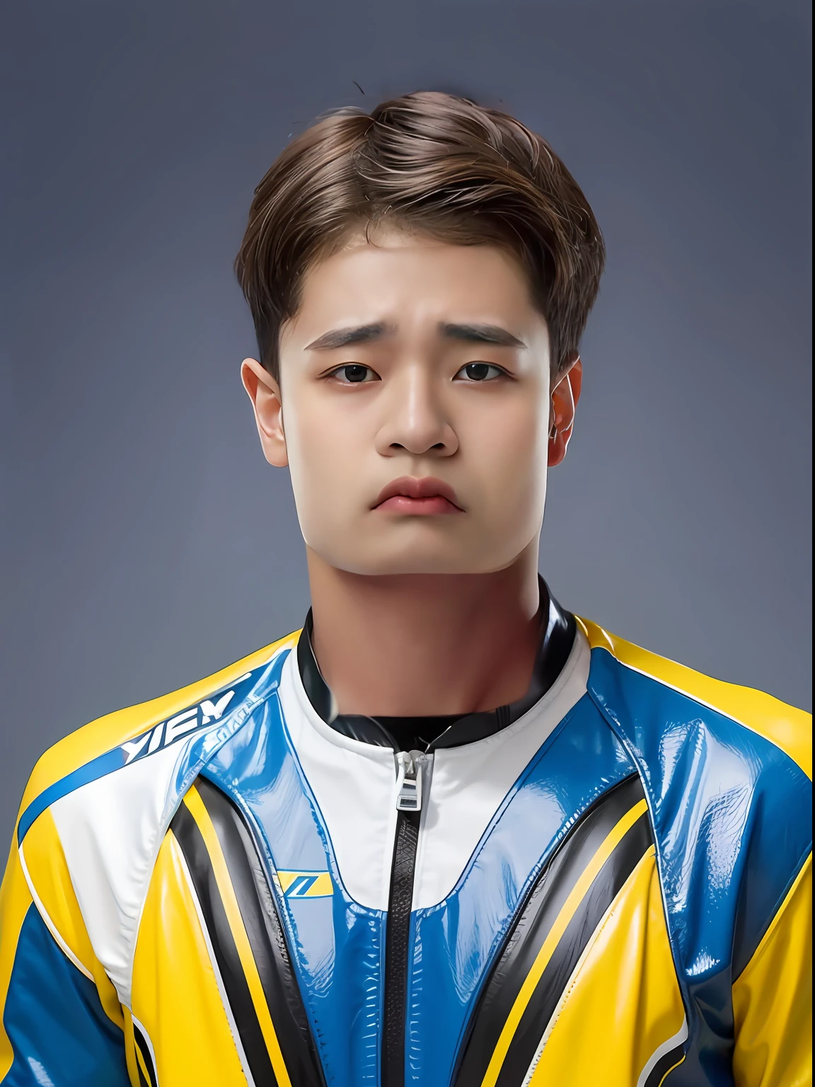 17-year-old male high school student，Wear a PVC yellow and blue racing suit，short detailed hair，Hair with oblique bangs，Hair color: grayish blue, pick dye