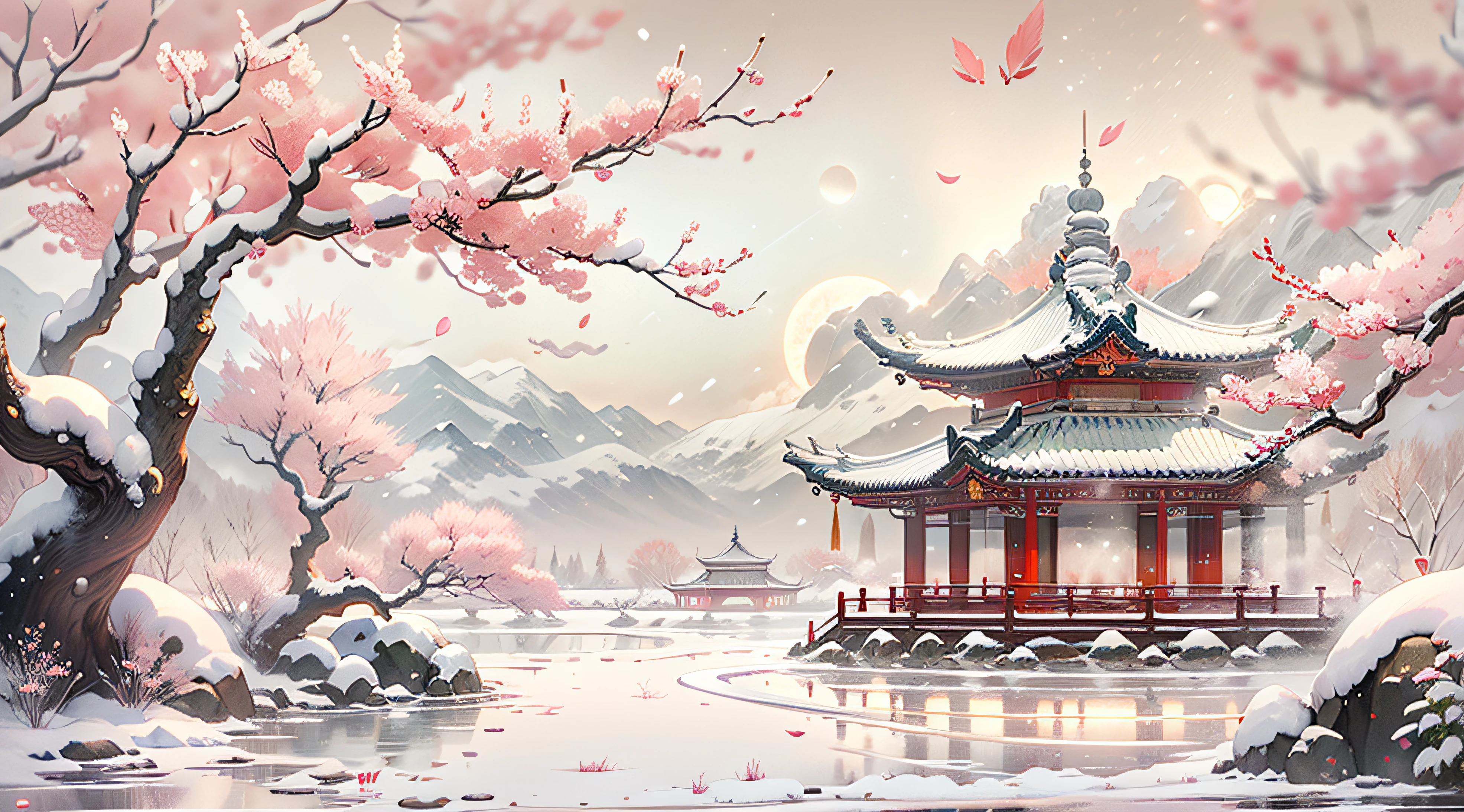 White snow,Pavilion,clubs,Plum tree,Red plum,Pink plum blossoms,Chinese Ancient Style Pavilion,Thick white snow,themoon,rays of moonlight,24K HD quality,Ultra-detailed depiction,Master painting,wallpaper hd,depth of fields,in a panoramic view,Ice Lake,